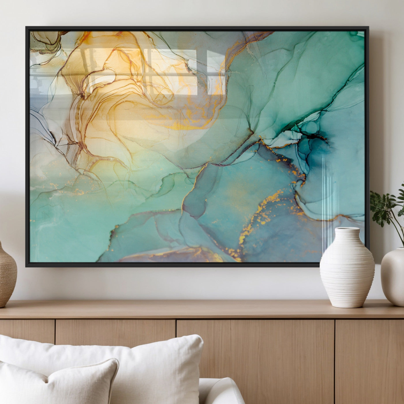 MGV-FP-60X30-3P - Abstract Aqua and Gold Fluid Wall Art Canvas | 3 Panel Large Canvas Print for Living Room, Office,