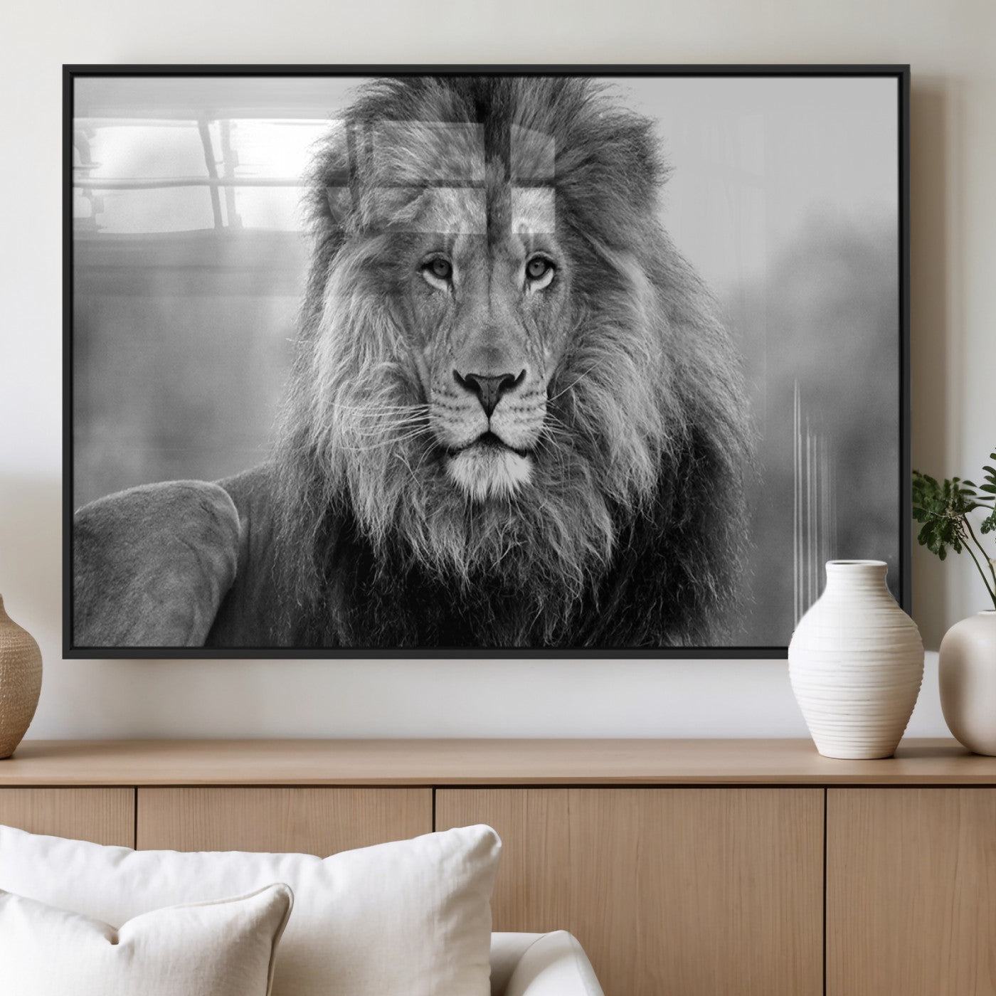 MGV-FP-60X30-3P - Black and White Lion Canvas Wall Art Animal Print