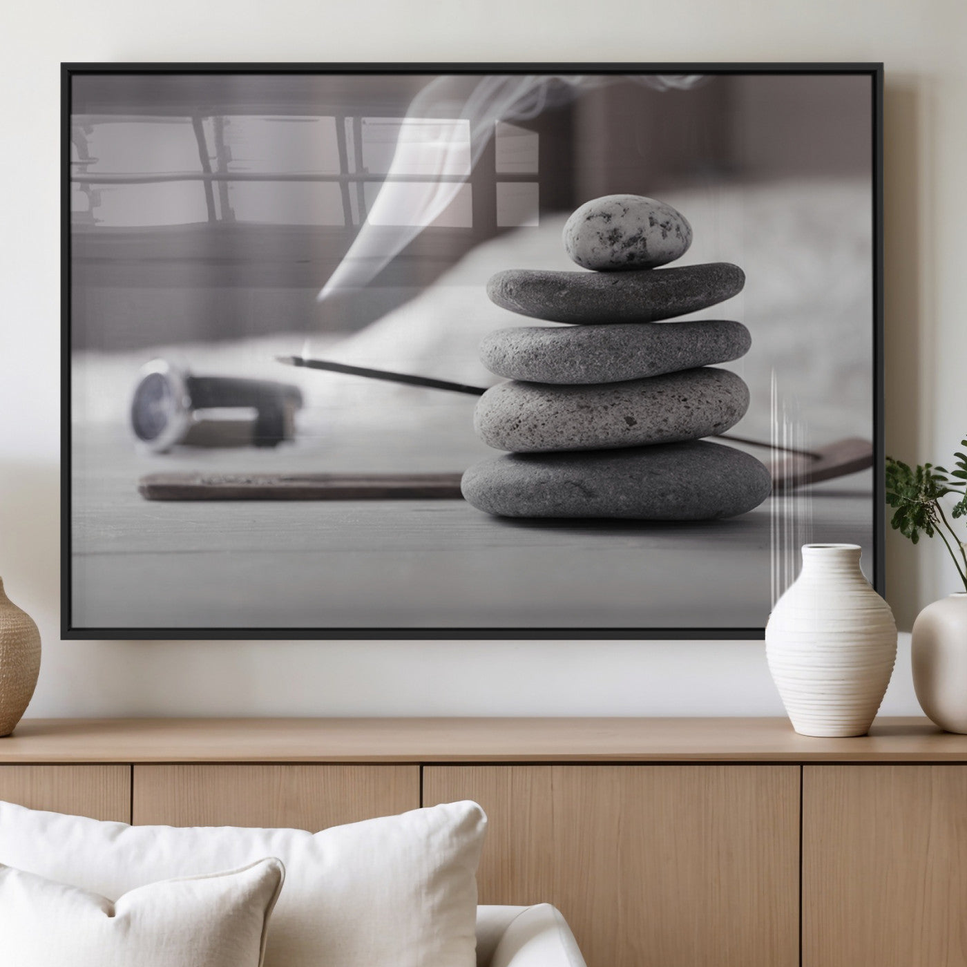 MGV-FP-60X30-3P - Burning Incense and Zen Stones Buddhism Wall Art, Zen Stones Wall Art Canvas Print