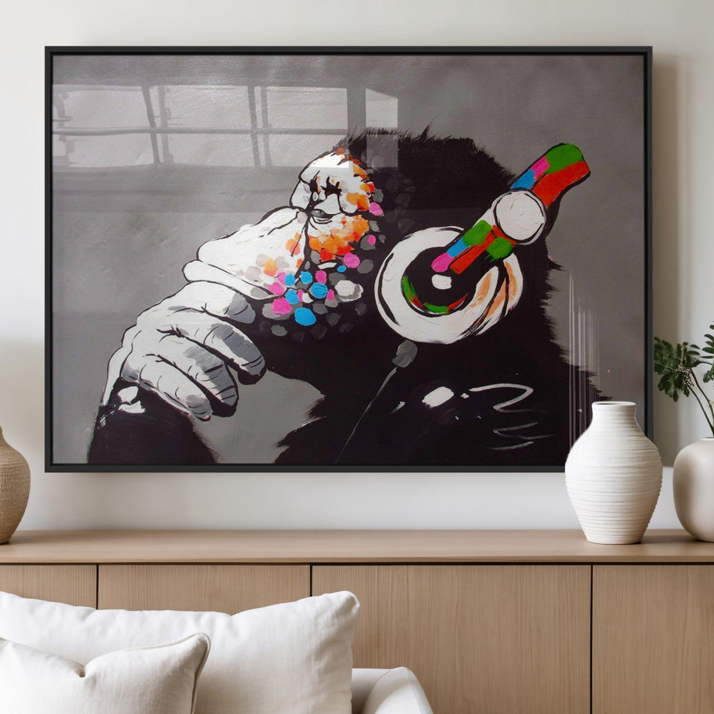 MGV-FP-60X30-3P - Dj Monkey Listening to Music Wall Art Print | Banksy Monkey Large Canvas Print for Living Room,