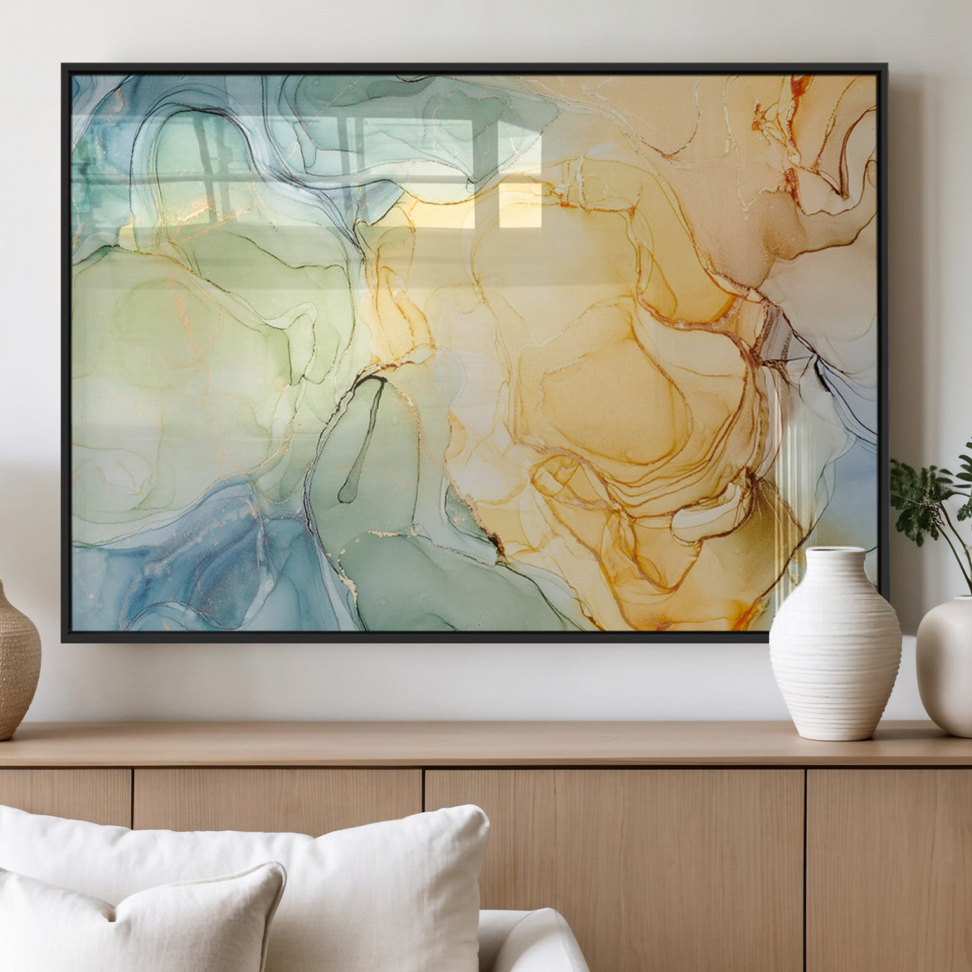 MGV-FP-60X30-3P - Green and Yellow Marble Fluid Effect Wall Art, Green and Yellow Marble Canvas Wall Art Print
