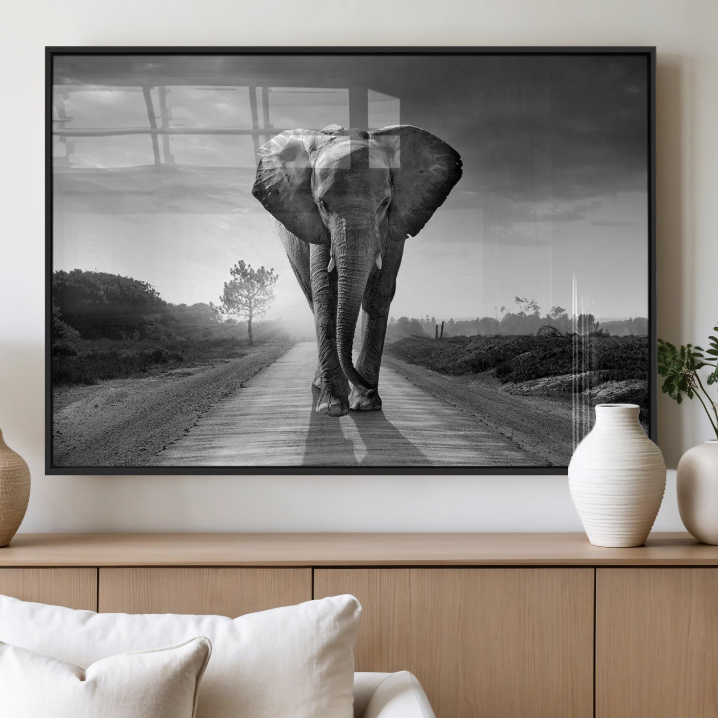 MGV-FP-60X30-3P - Black and White Elephant Wall Art Canvas Print