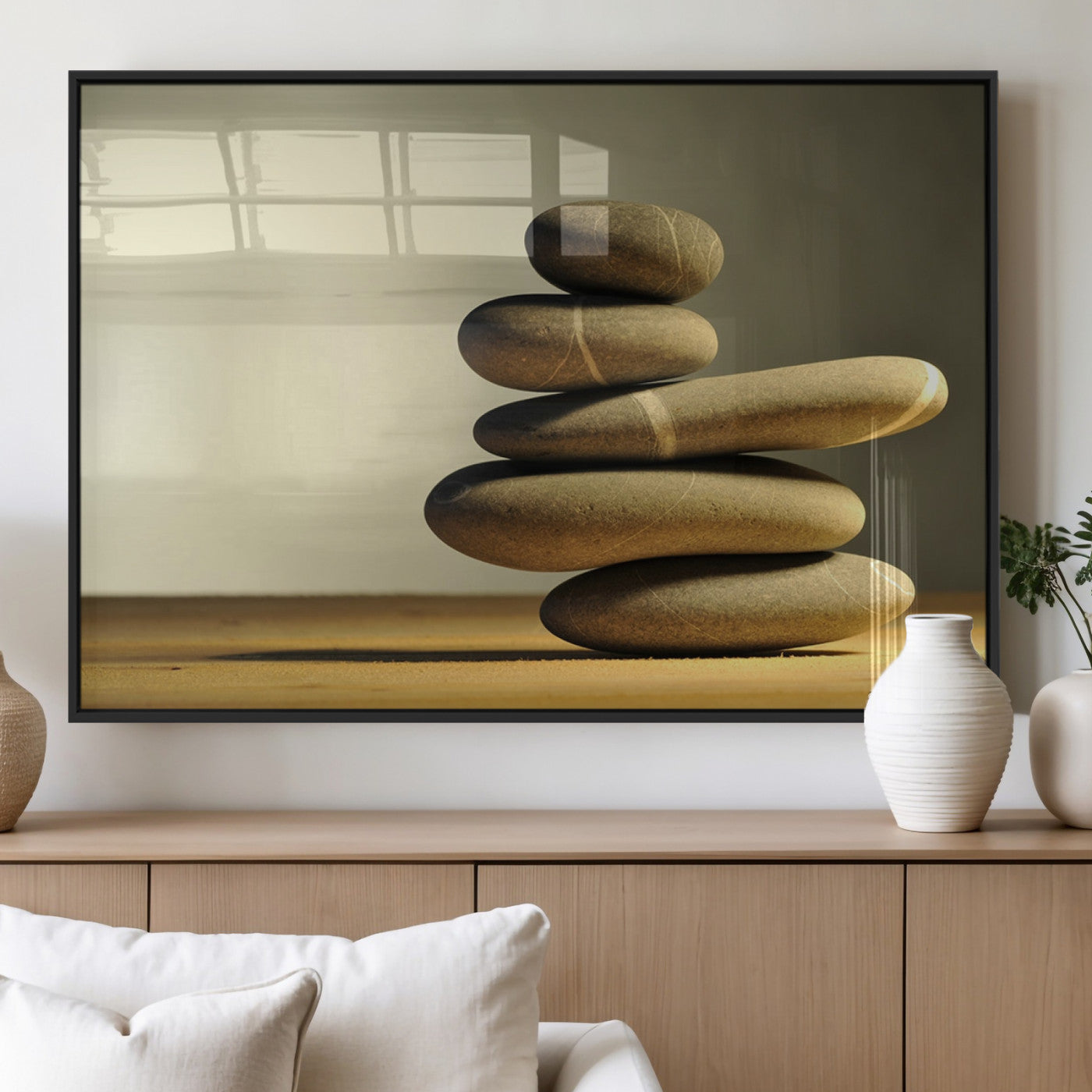 90045-MGV-FP-60X30-3P_Black-Fluvial Zen Stones Canvas Wall Art Print