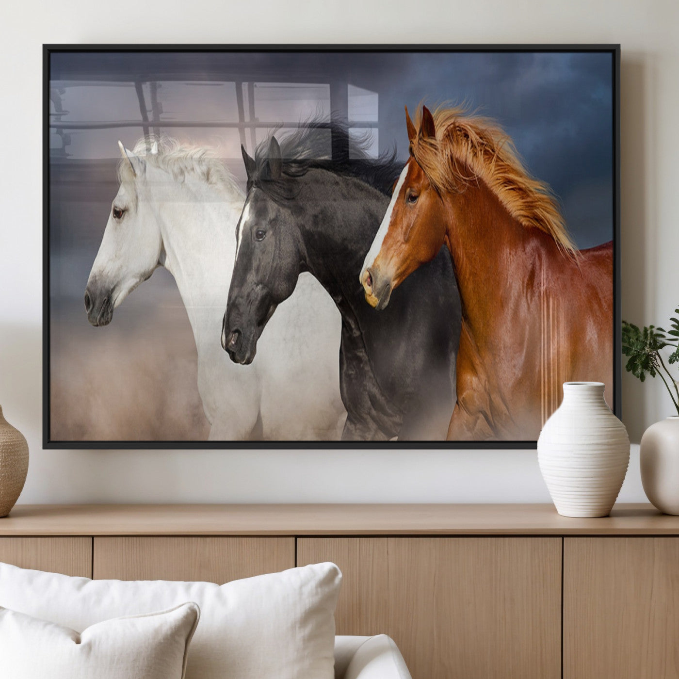 MGV-FP-60X30-3P - Animal Wall Art Three Horses Farmhouse Art Canvas, Framed Three Horses Canvas Print