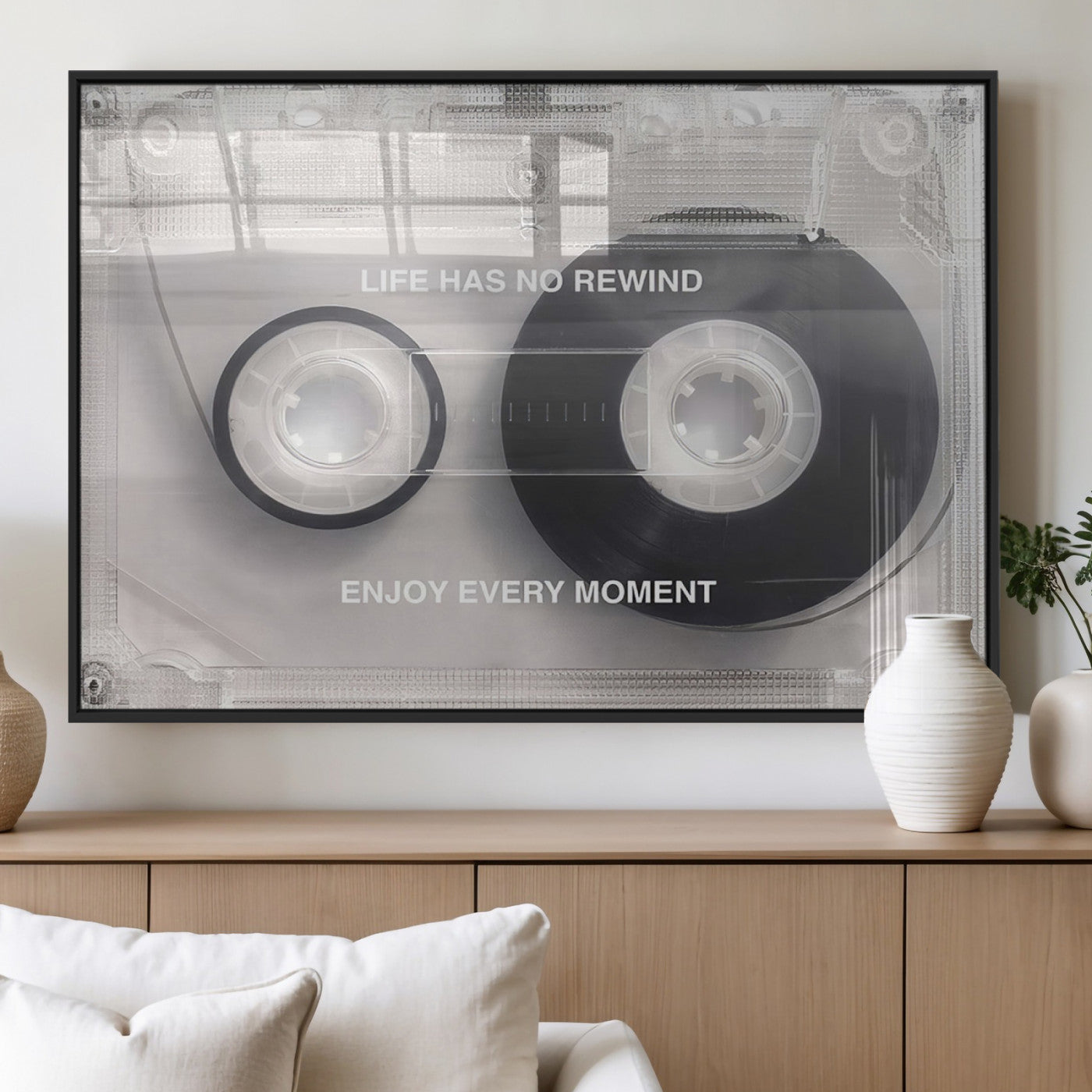 MGV-FP-60X30-3P - Vintage Cassette Tape Canvas Wall Art - Inspirational 'Life Has No Rewind' Quote, Retro Music Decor