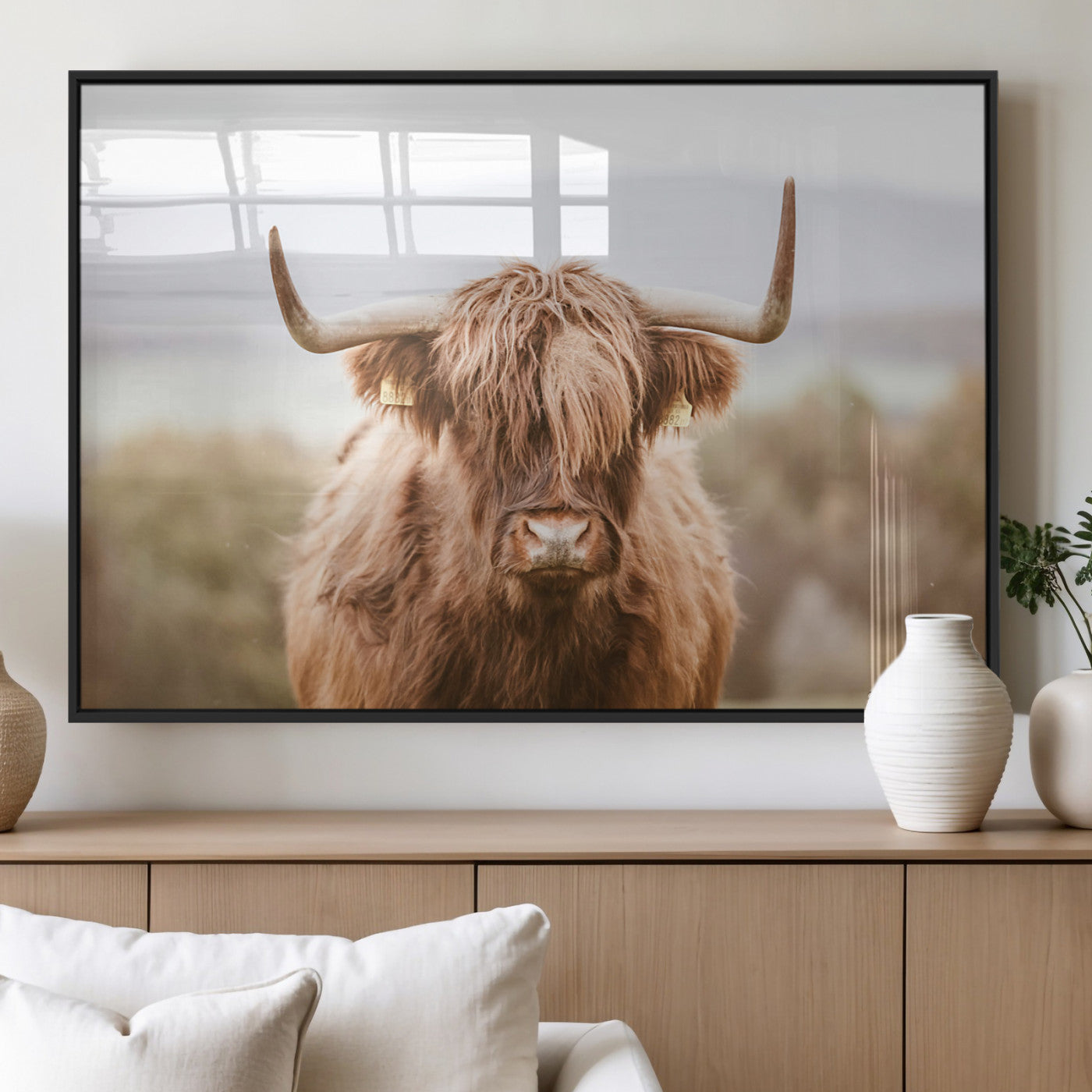 MGV-FP-60X30-3P - Scottish Serene Highland Cow Canvas Wall Art – Serene Highland Cow in Natural Pastel Tones – Ready