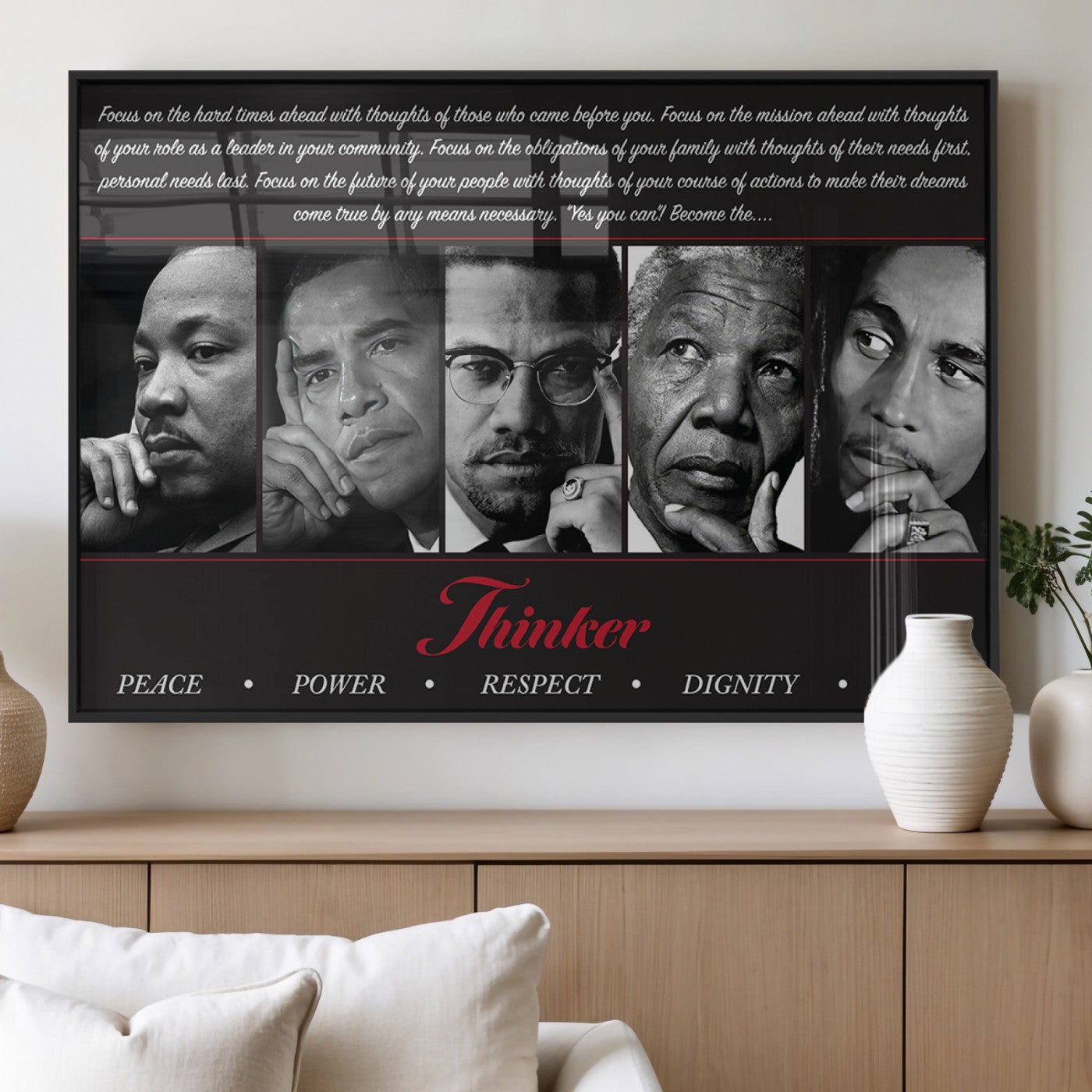 MGV-FP-36X24-3P - Thinker Quintet Canvas Wall Art – Martin, Obama, Malcolm X, Mandela, Marley Featuring Peace, Power,