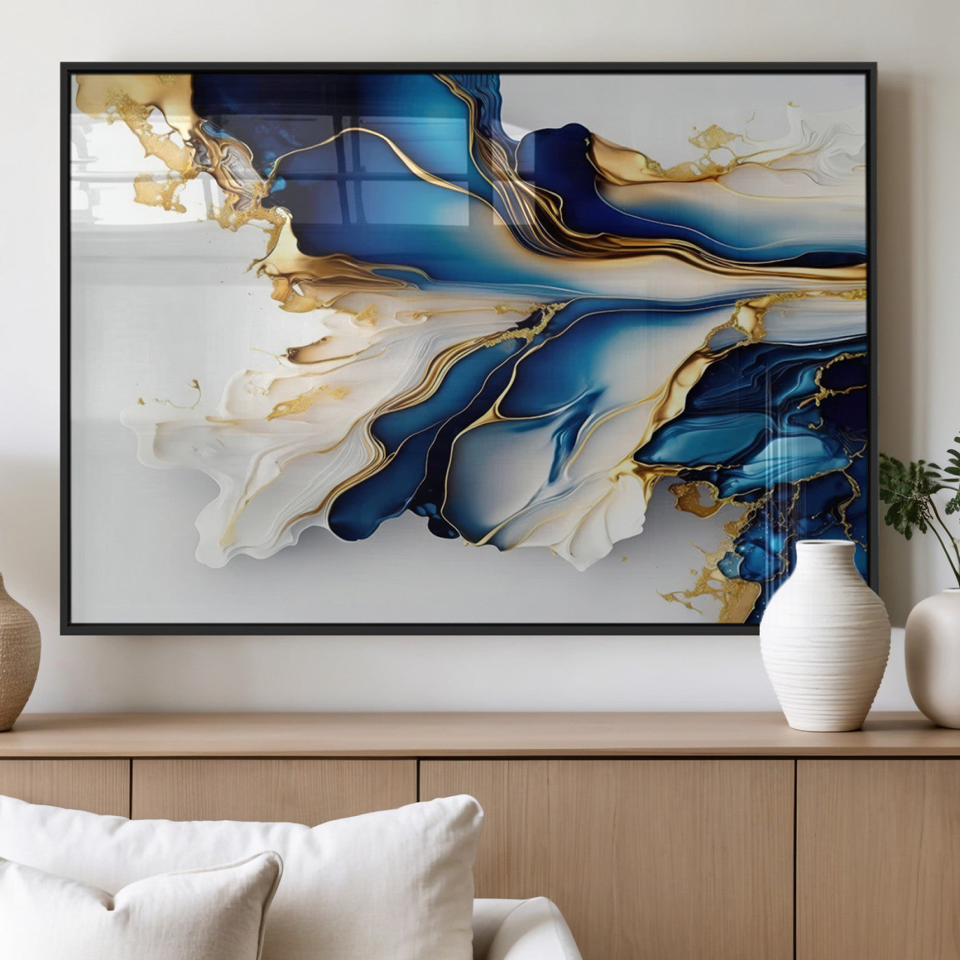 MGV-FP-60X30-3P - Gold Marble Art - Abstract Geode Gold And Blue Marble Shape 3 Pieces Wall Art Canvas Print
