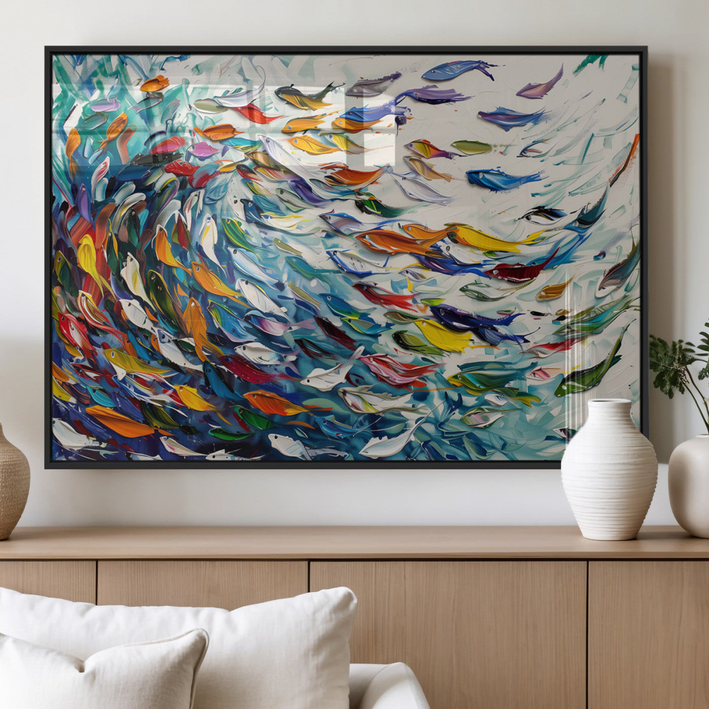 MGV-FP-60X30-3P - Modern Abstract Fish Shoal Wall Art Canvas Print, Colorful Fish Herd Painting on Canvas Print, Ocean