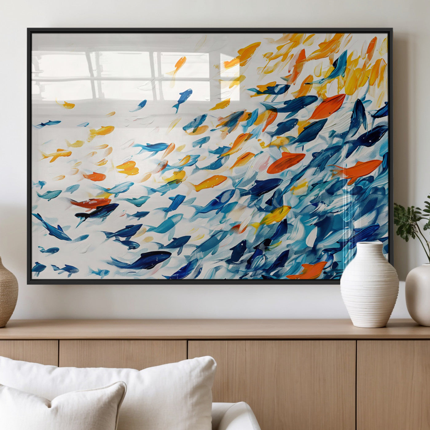 MGV-FP-60X30-3P - Abstract Fish Shoal Wall Art Canvas Print, Colorful Fish Herd Painting on Canvas Print, Ocean Animal