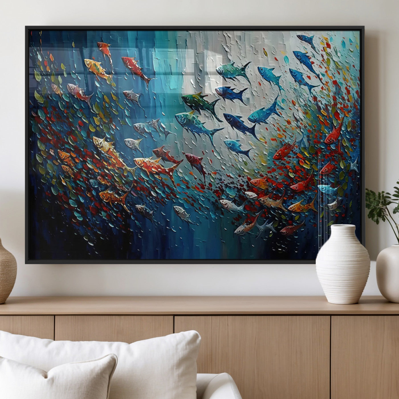 MGV-FP-60X30-3P - Modern Abstract Fish Shoal Wall Art Canvas Print, Colorful Fish Herd Painting on Canvas Print, Ocean