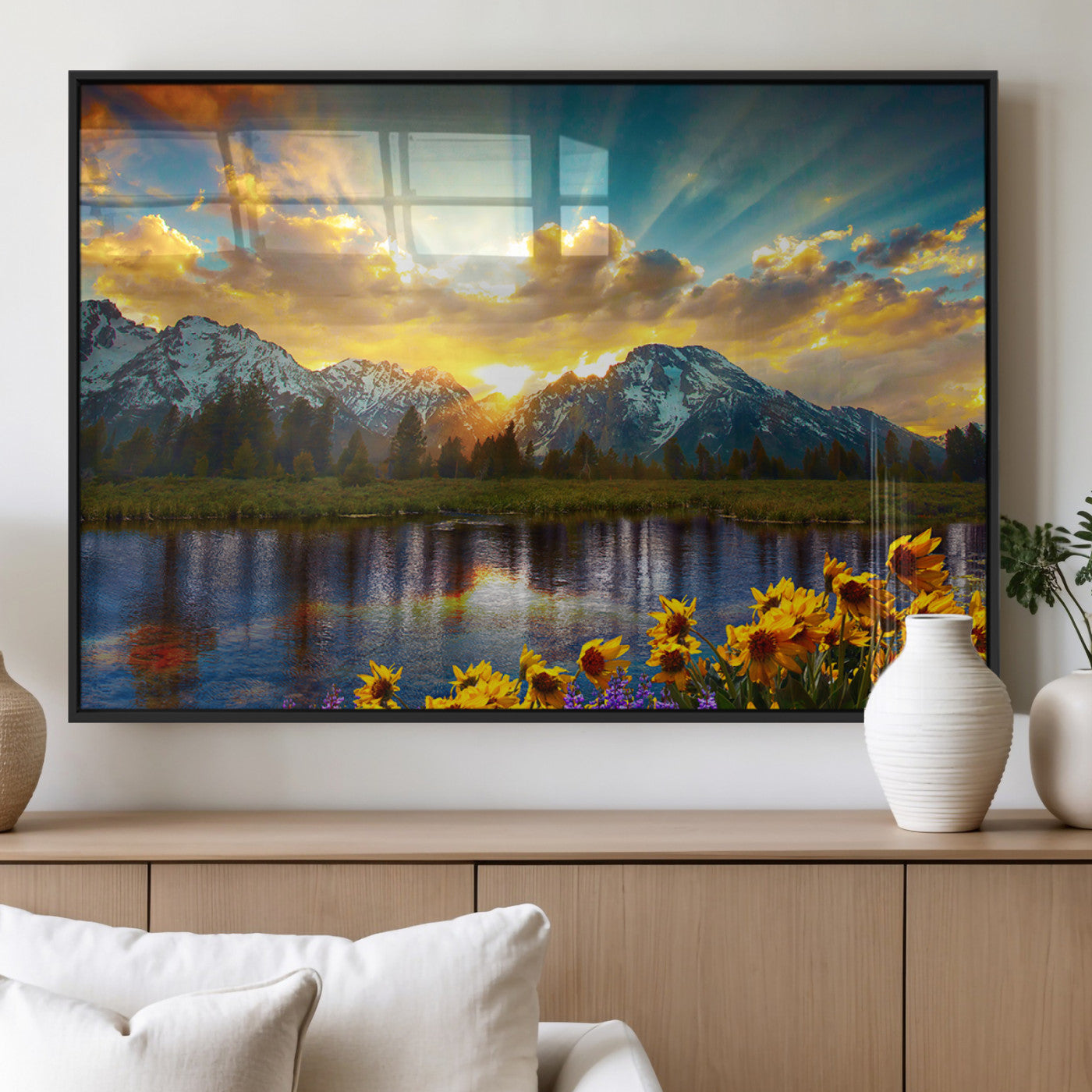 MGV-FP-60X30-3P - Grand Teton Park Amazing Mountain Landscape Sunset Wall Art Canvas Print