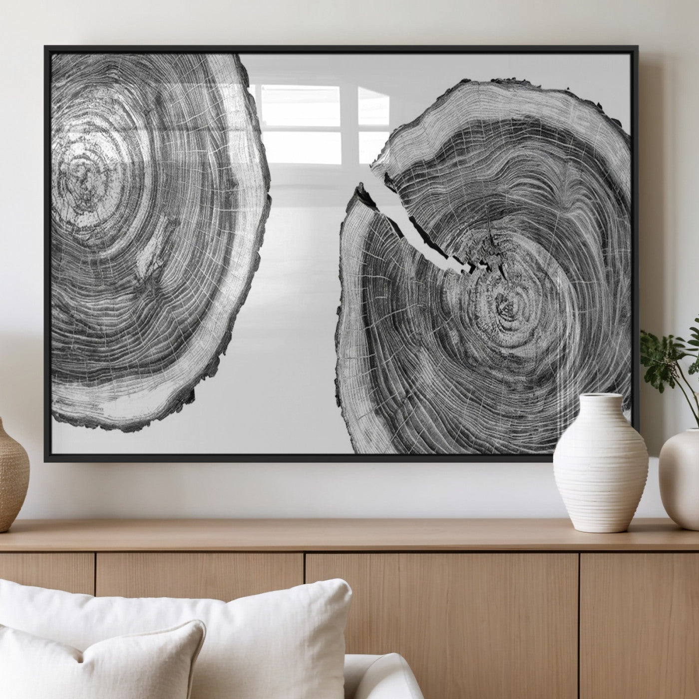 MGV-FP-60X30-3P - Modern Black and White Tree Rings Canvas Wall Art – Nature Inspired Wood Slice Print – Minimalist