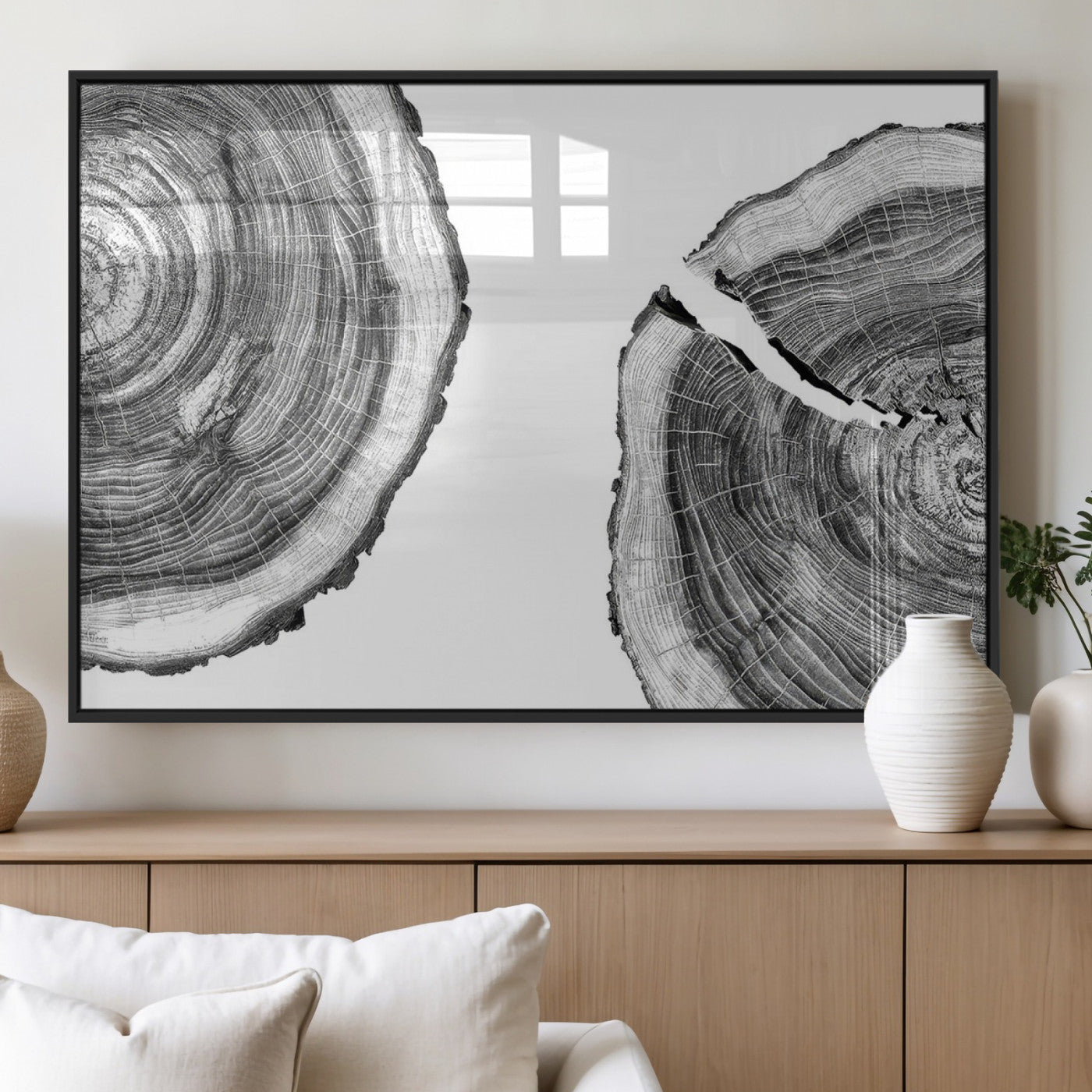 MGV-FP-60X30-3P - Abstract Large Tree Rings – Minimalist Black and White Wood Art | Triptych Canvas, Modern Wall Decor
