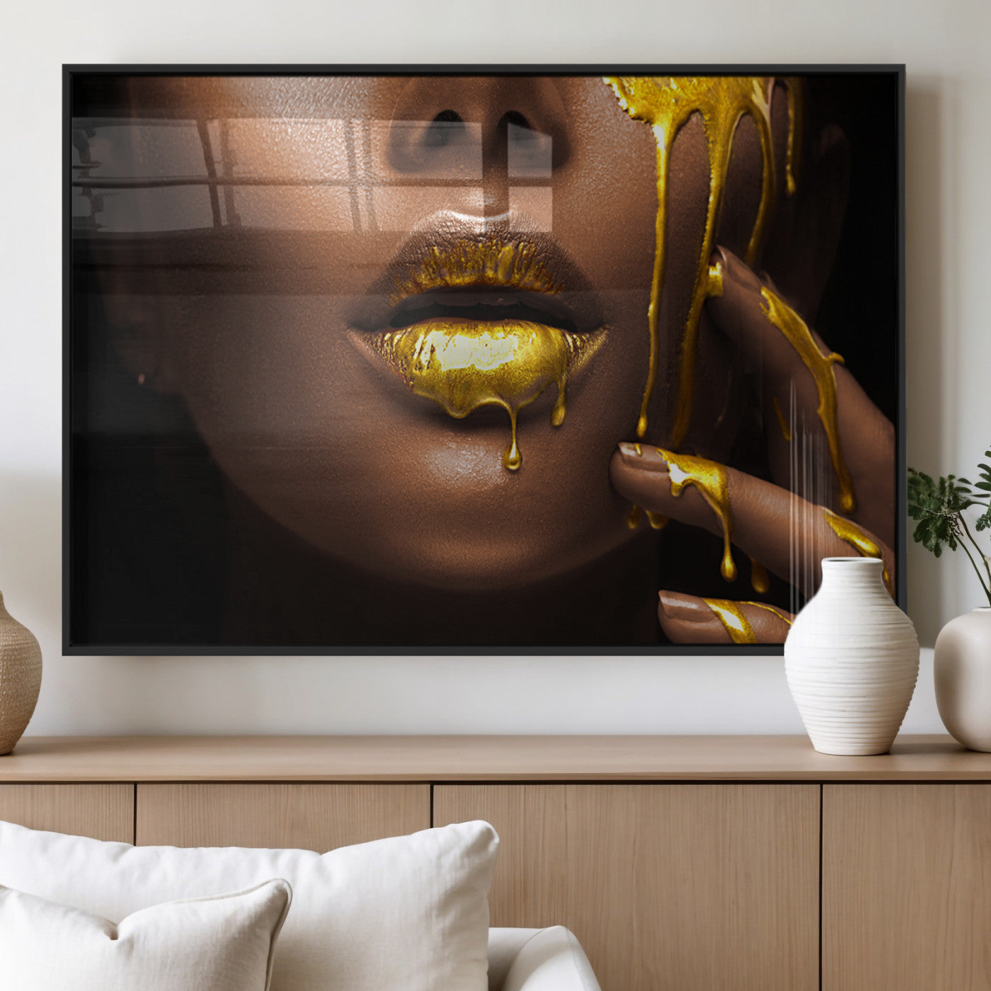 MGV-FP-60X30-3P - African American Art Black Woman Canvas Print, African Wall Art, Fashion African Woman Gold Lips