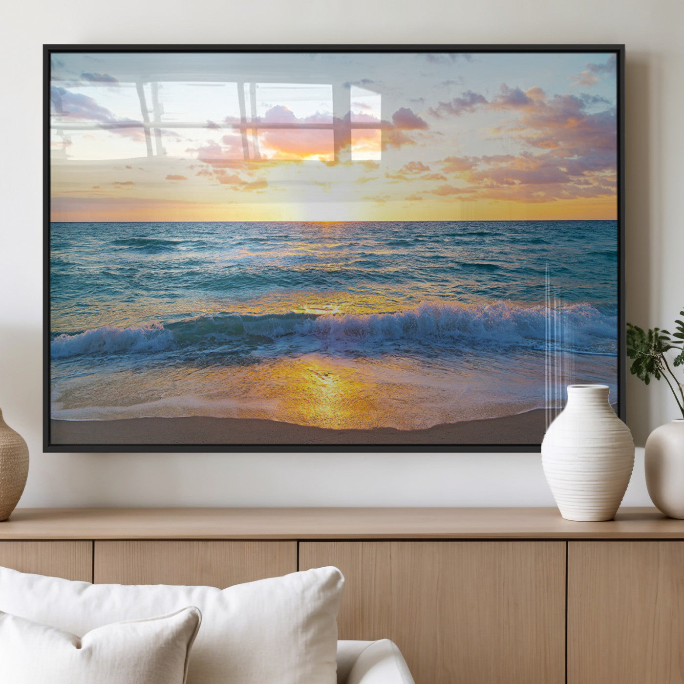 MGV-FP-60X30-3P - Golden Sunset Over Ocean Waves - Serene Coastal Triptych Wall Art for Relaxing Home Decor, Ready to