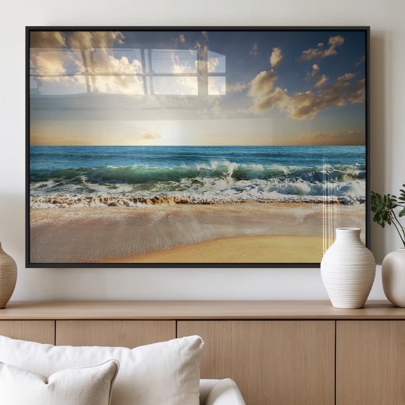 MGV-FP-60X30-3P - Golden Sunset Beach Triptych Canvas Wall Art for Living Room – 3-Panel Ocean View, Framed & Ready to