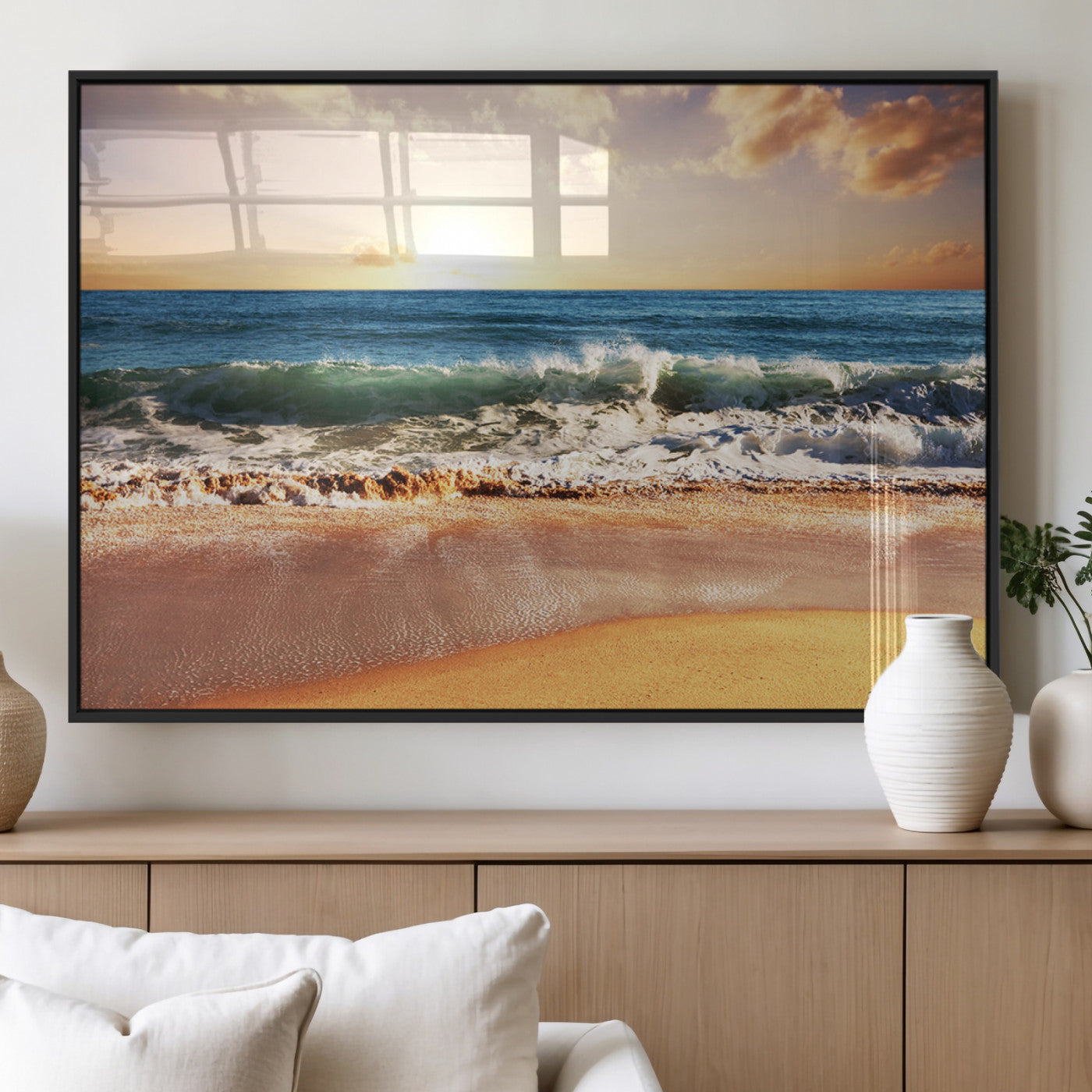 MGV-FP-60X30-3P - Sunset Beach Wall Art - 3-Panel Framed Canvas Print, Ready to Hang Ocean Sunset for Coastal and