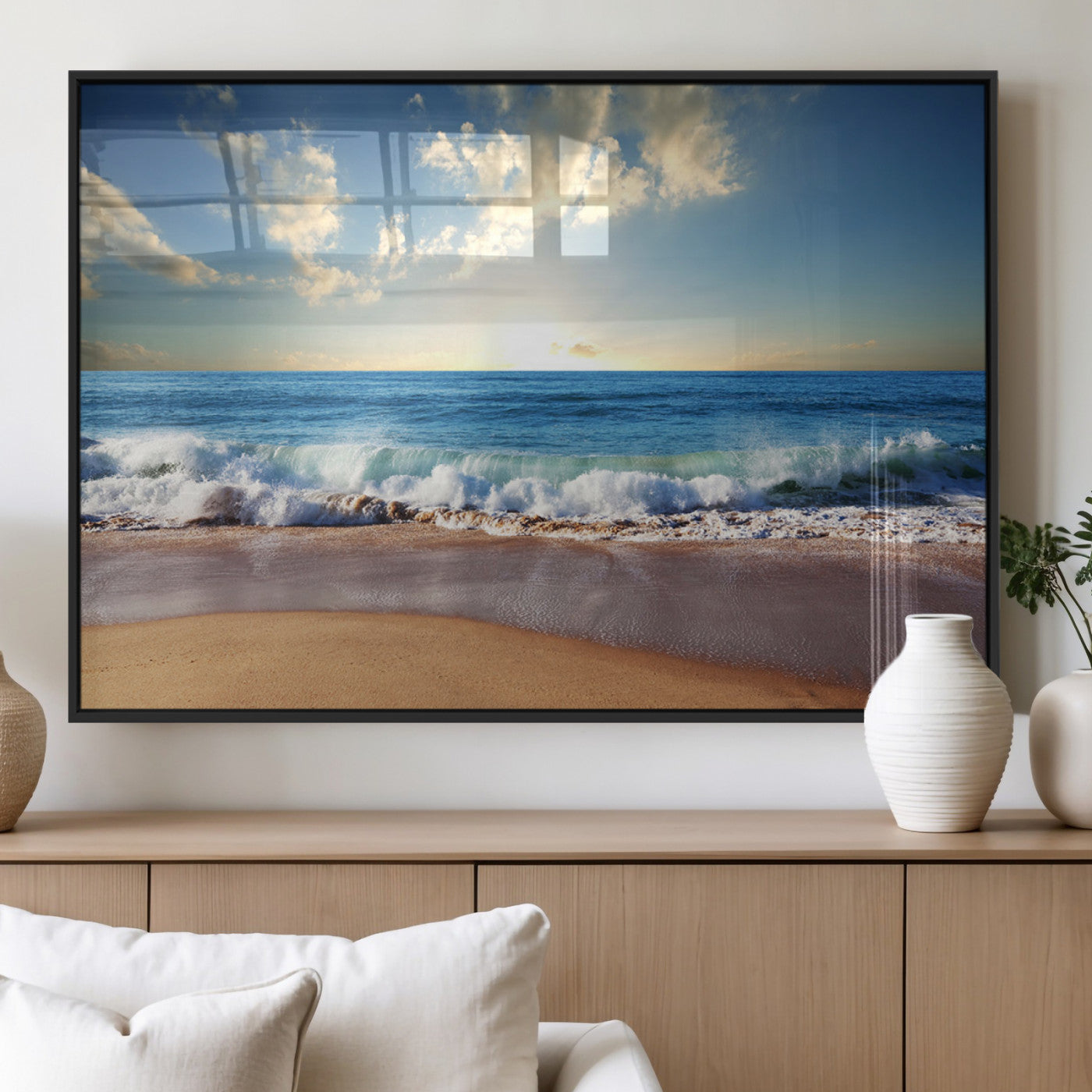 MGV-FP-60X30-3P - Serene Ocean Sunset Canvas Wall Art - Beach Waves at Sunset, Ready to Hang