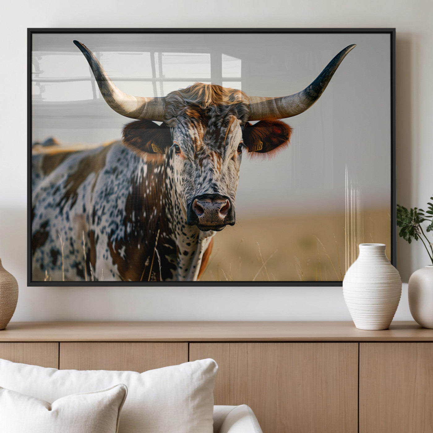 MGV-FP-60X30-3P - Texas Bull Longhorn Wall Art Canvas Print for Farm House Wall Decor, Farmhouse Wall Art Print