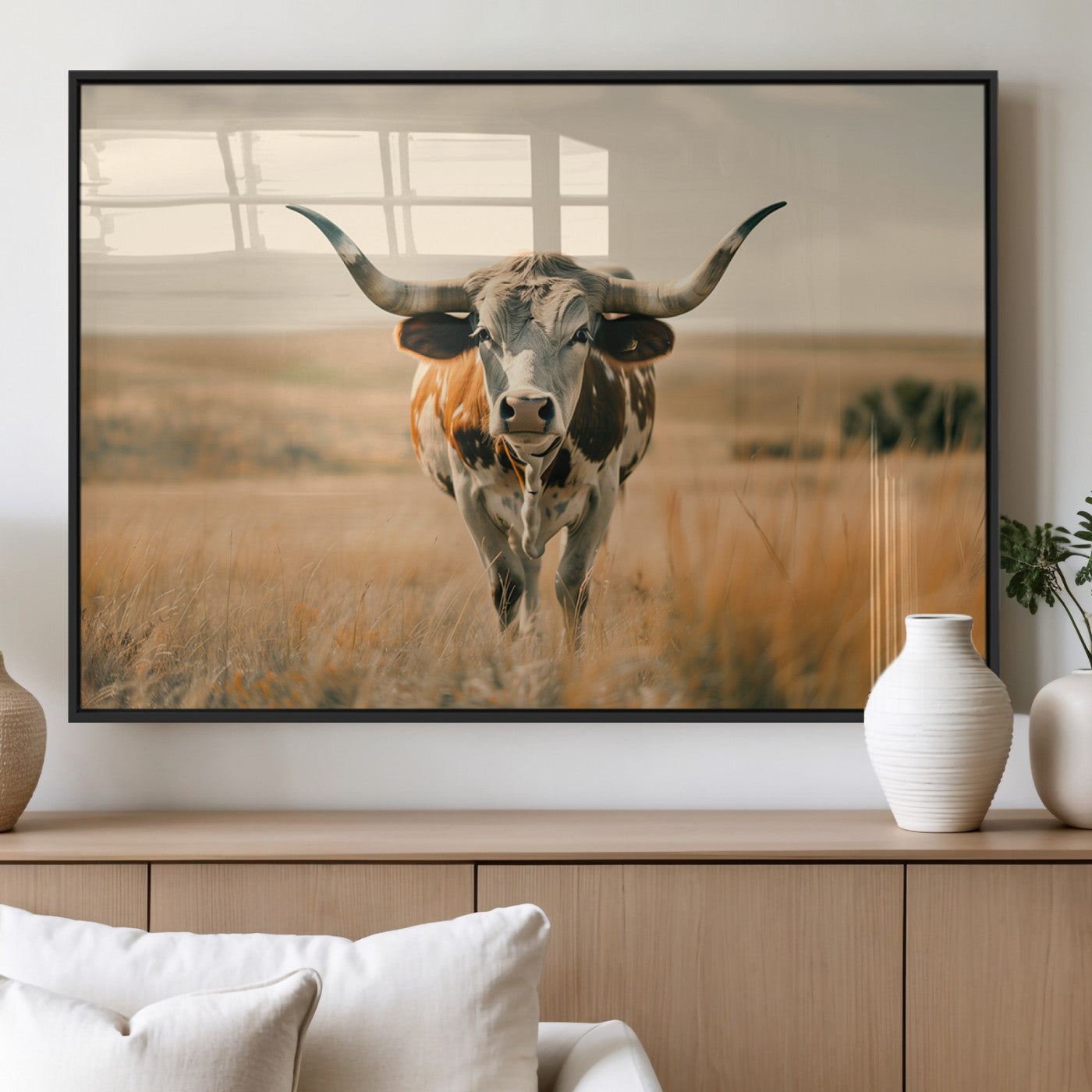 MGV-FP-60X30-3P - Texas Cow Wall Art Canvas Print for Farm House Wall Decor, Farmhouse Wall Art Print