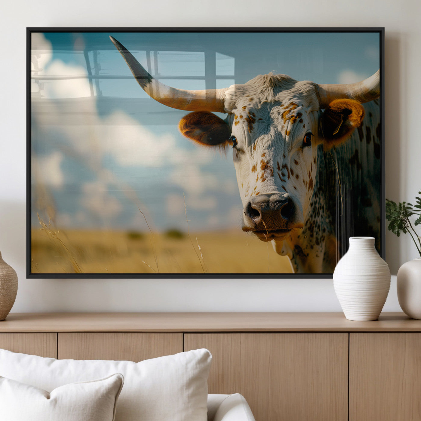 MGV-FP-60X30-3P - Longhorn in the Prairie - Stunning Ranch-Style Triptych Wall Art for Western Home Decor, Cowboy Wall