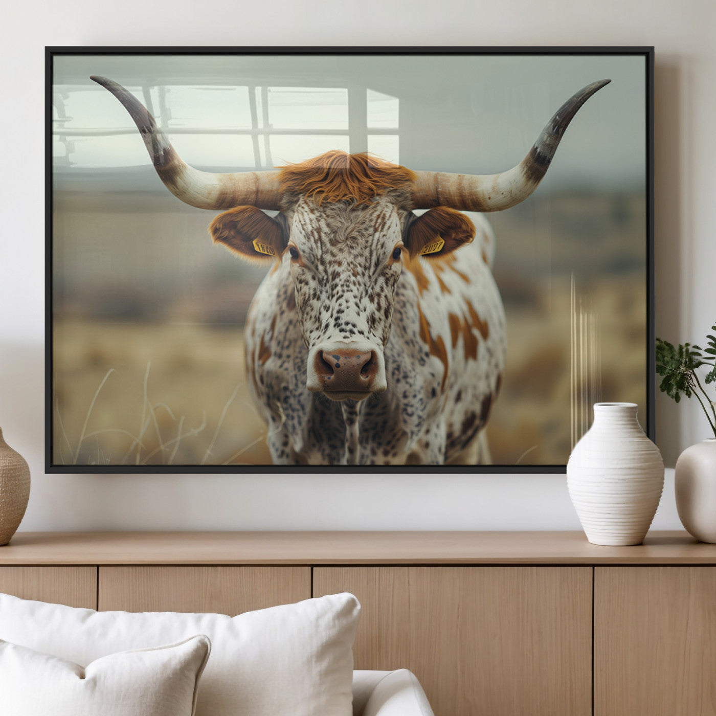 MGV-FP-60X30-3P - Texas Cow Longhorn Wall Art Canvas Print for Farm House Wall Decor, Farmhouse Wall Art Print