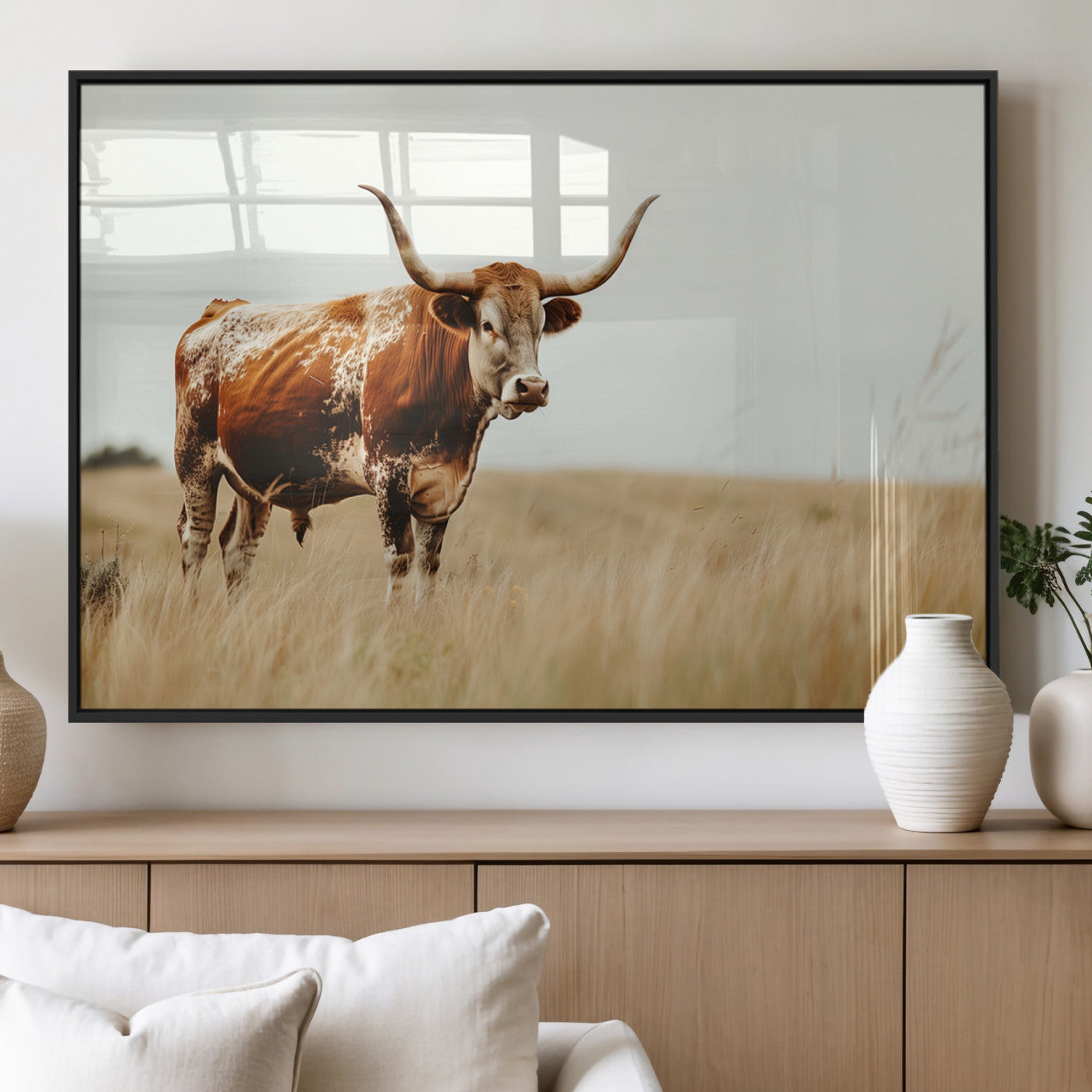 MGV-FP-60X30-3P - Texas Longhorn Canvas Wall Art Print – Majestic Western Cattle in Rustic Farmhouse Decor – Cow Wall