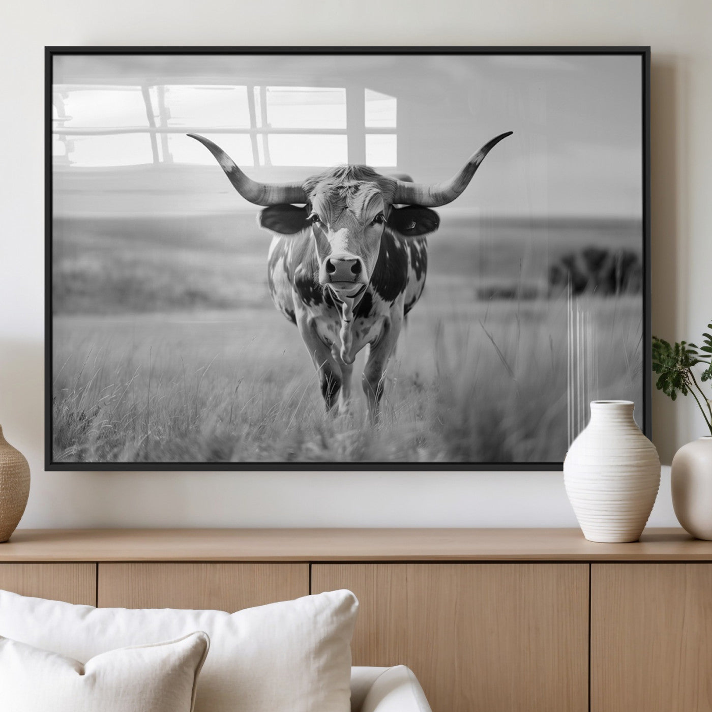 MGV-FP-60X30-3P - Texas Cow Longhorn Wall Art Canvas Print for Farm House Wall Decor, Farmhouse Wall Art Print