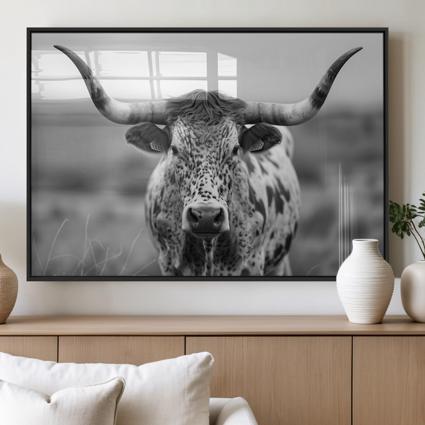 MGV-FP-60X30-3P - Texas Cow Longhorn Wall Art Canvas Print for Farm House Wall Decor, Farmhouse Wall Art Print
