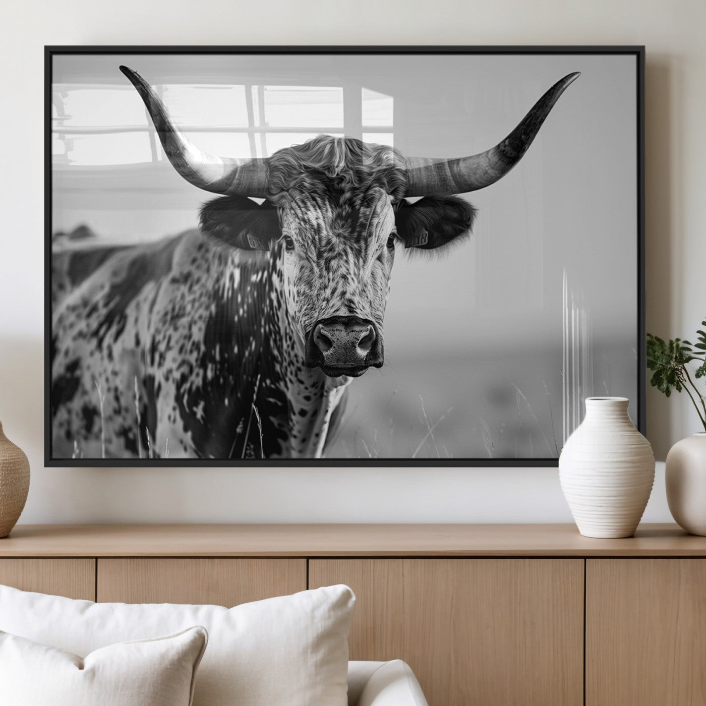 MGV-FP-60X30-3P - Texas Highland Cow Longhorn Canvas Print - Rustic Farmhouse Wall Art - Large Texas Longhorn