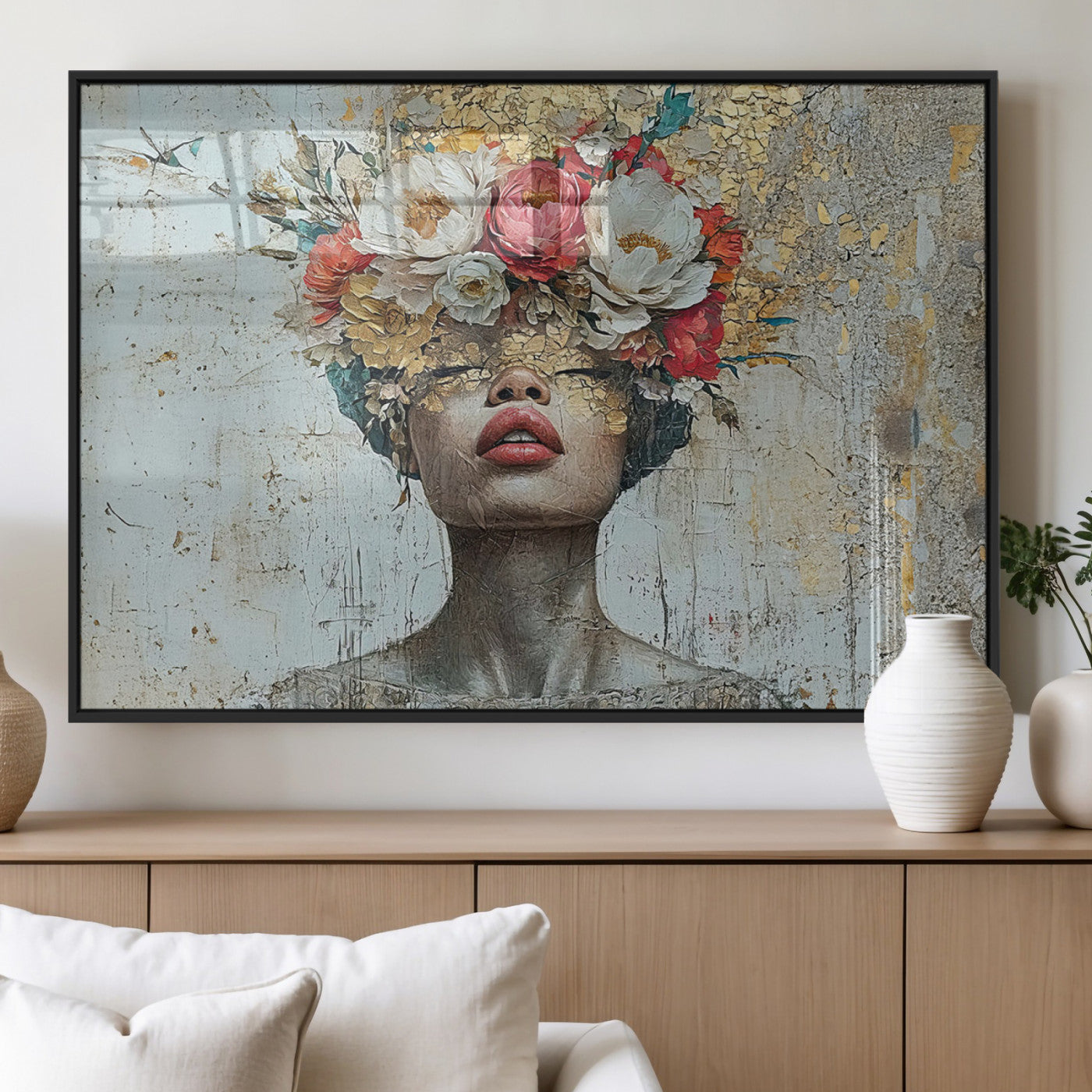 MGV-FP-60X30-3P - Golden Petal Wall Art Canvas Print - Silhouette Woman Wall Art Canvas Print, Floral Woman Portrait