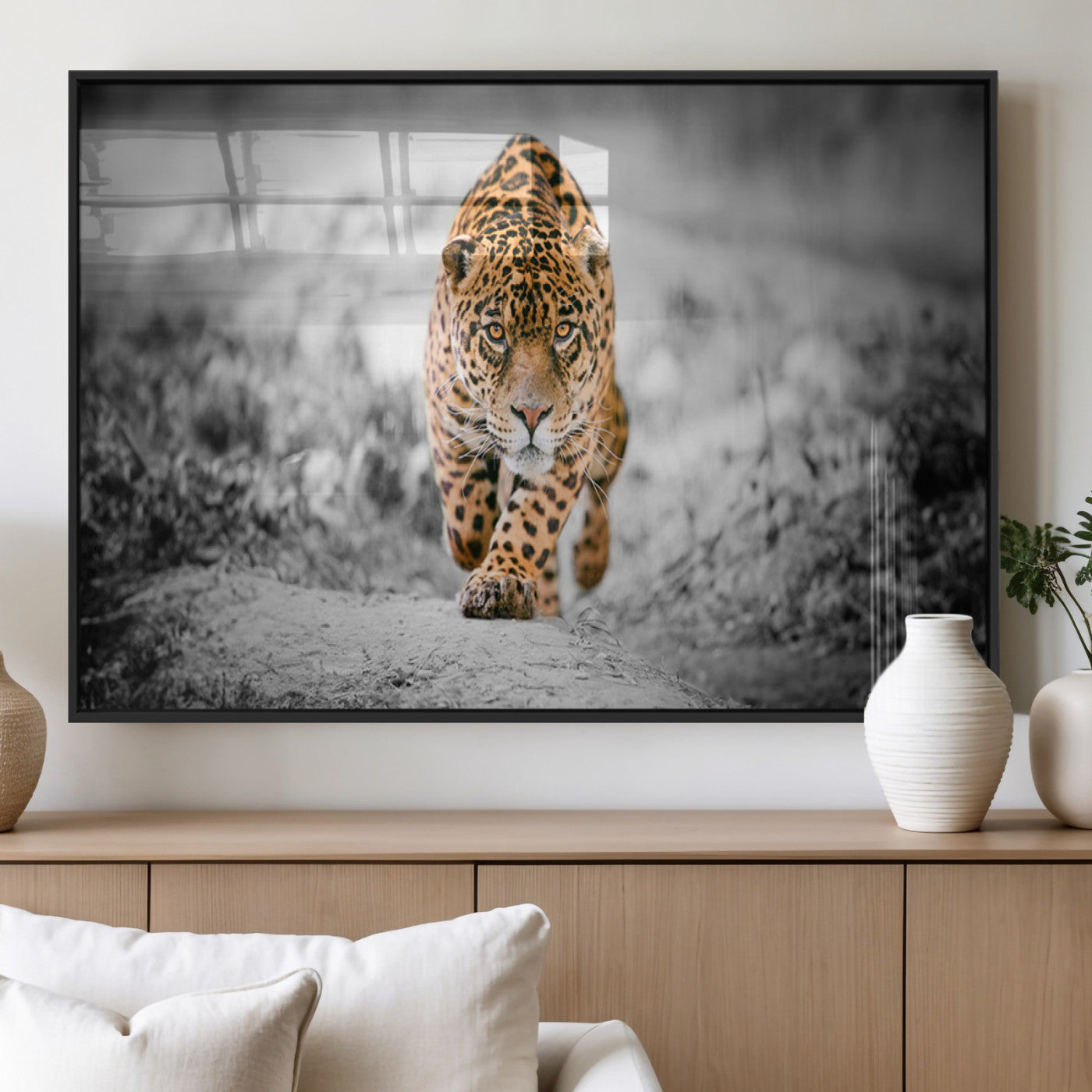 MGV-FP-60X30-3P - Jaguar Wall Art Canvas Print - Majestic Big Cat in Focused Pursuit - Ready to Hang
