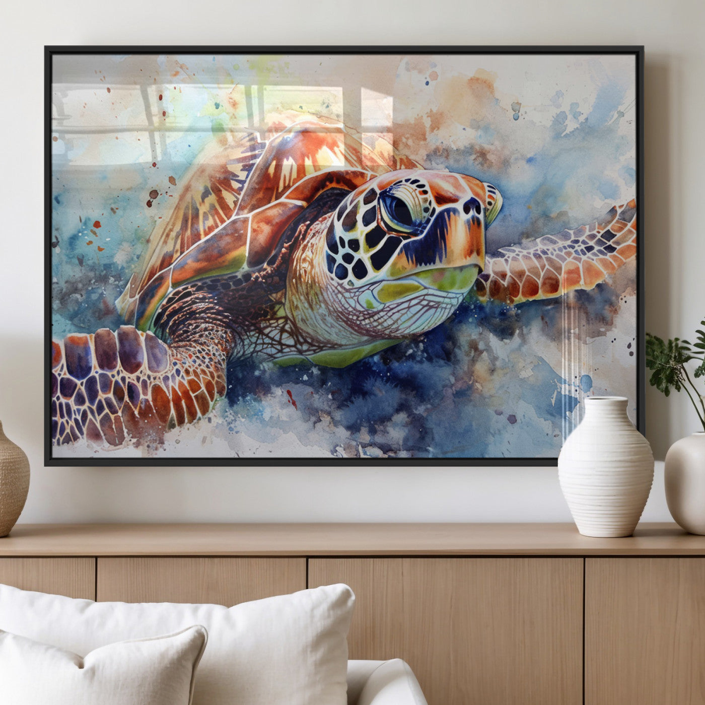 MGV-FP-60X30-3P - Watercolor Sea Turtle Wall Art Canvas Print - Vibrant Ocean Colors in Watercolor Style - Ready to