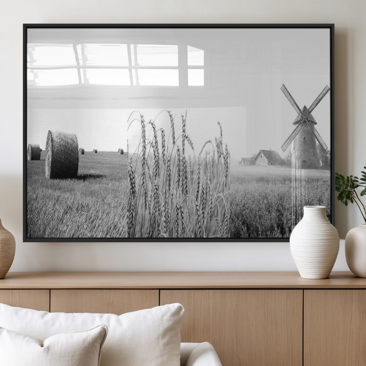 MGV-FP-60X30-3P - Vintage Farmhouse Black and White Triptych Wall Art – Giclee Canvas Featuring Wheat Fields, Hay