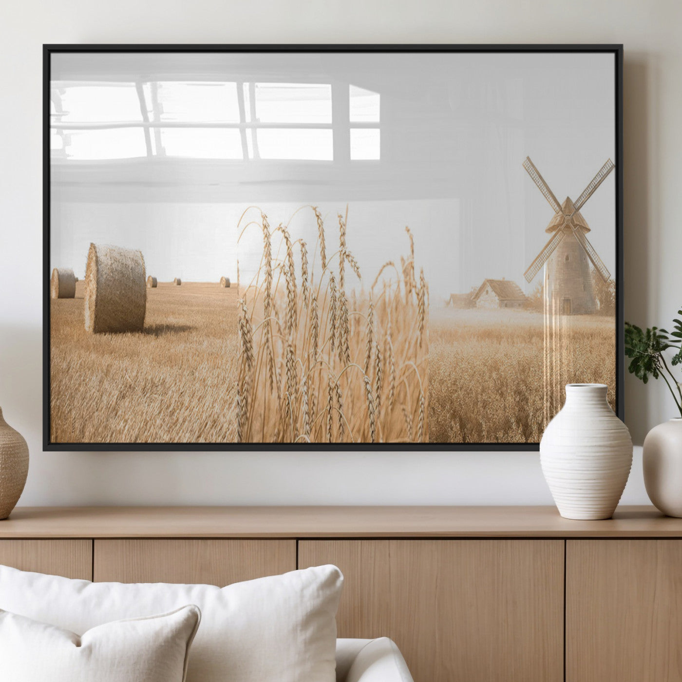 MGV-FP-36X24-3P - Vintage Farmhouse Triptych Wall Art – Giclée Canvas Featuring Wheat Fields, Hay Bales, and a