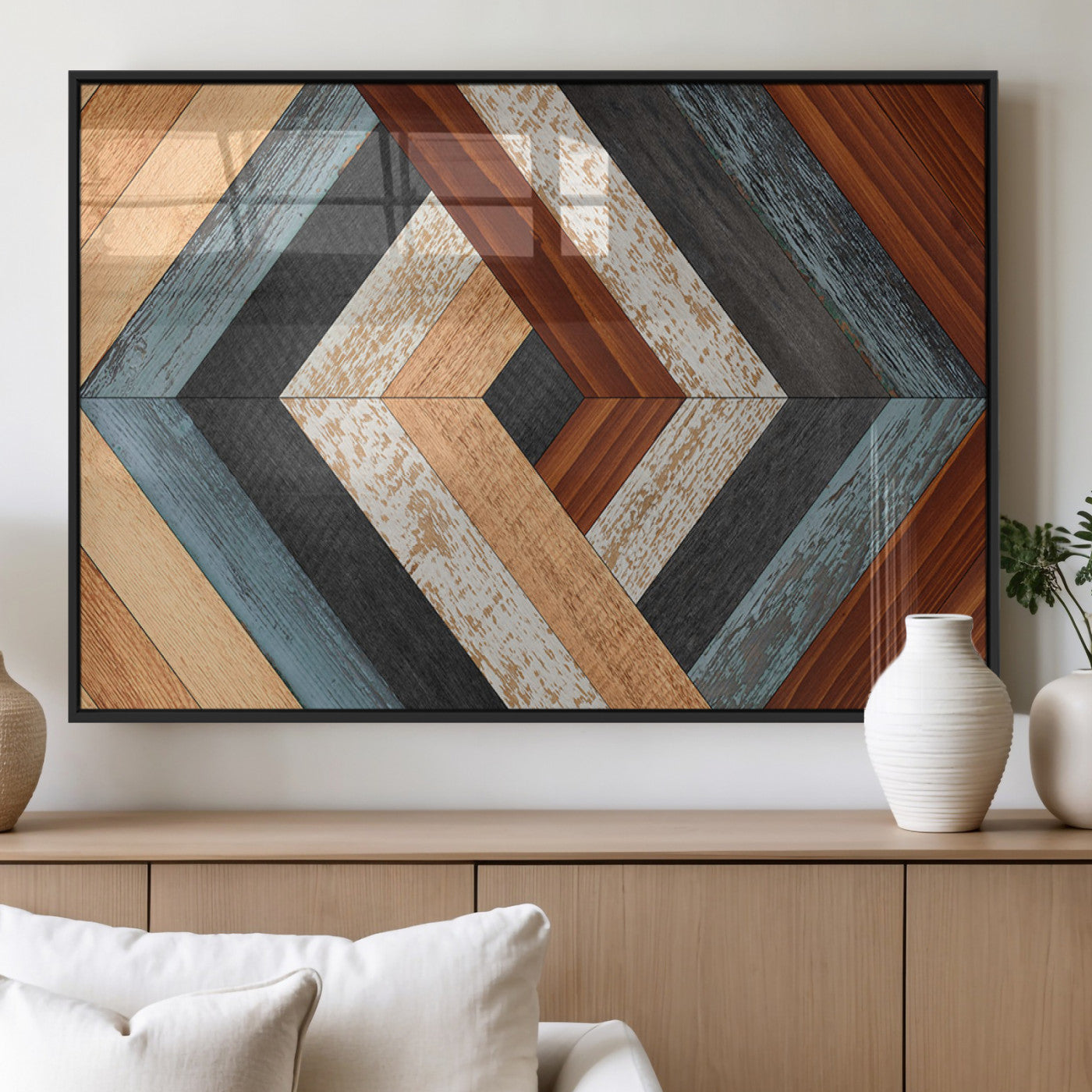 MGV-FP-60X30-3P - Geometric Wood Art Wall Decor Canvas Print, Rustic Wooden Pattern Triptych Wall Art for Living Room