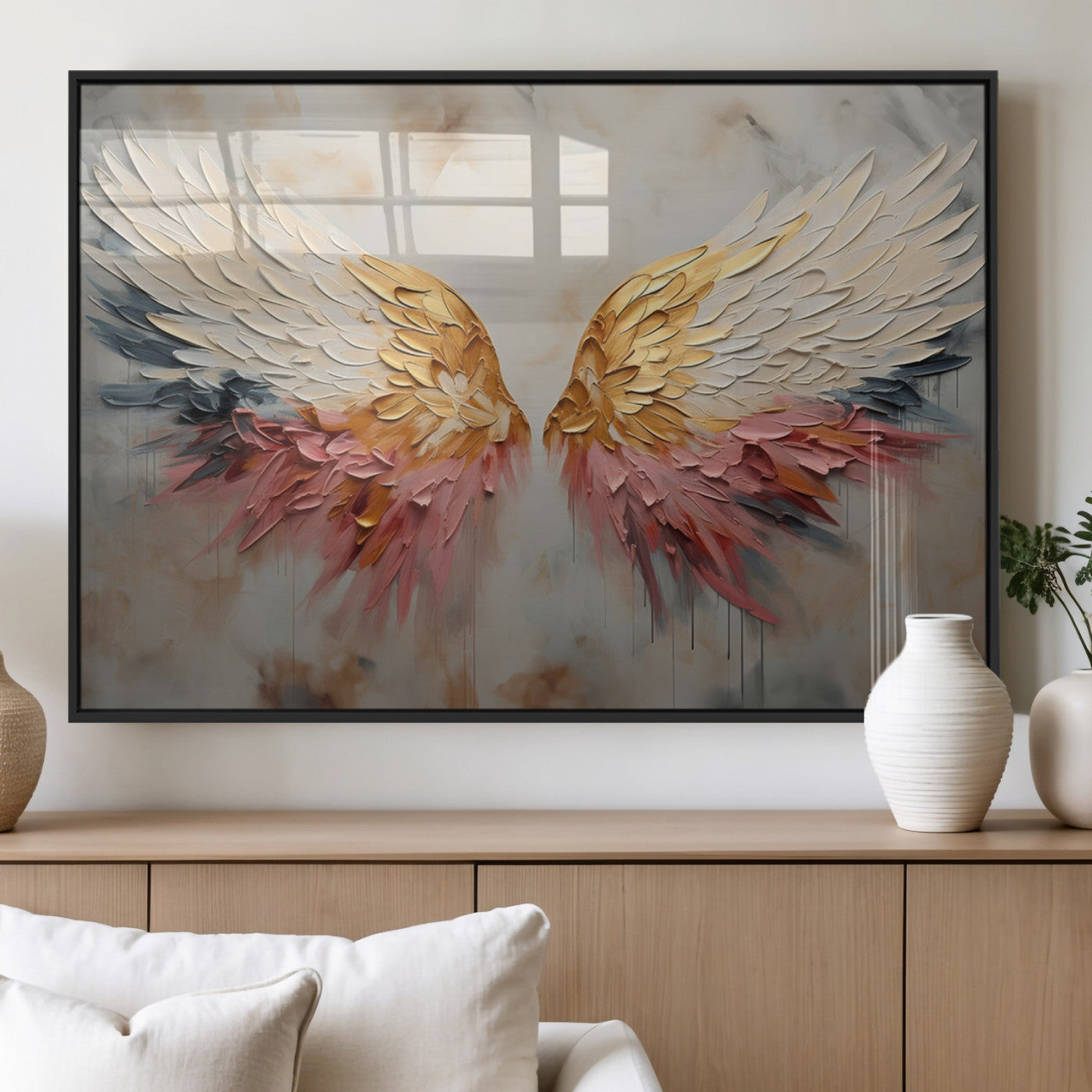 MGV-FP-60X30-3P - Golden Angel Wings Wall Art Canvas Print – Stunning Abstract Winged Art for Elegant Home Decor –