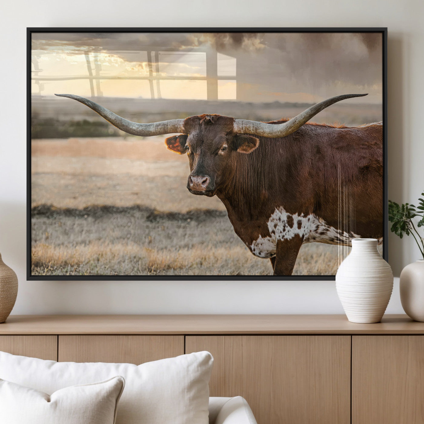 MGV-FP-60X30-3P - Texas Longhorn Wall Art Canvas Print, Rustic Ranch Decor, Majestic Western Longhorn Cattle