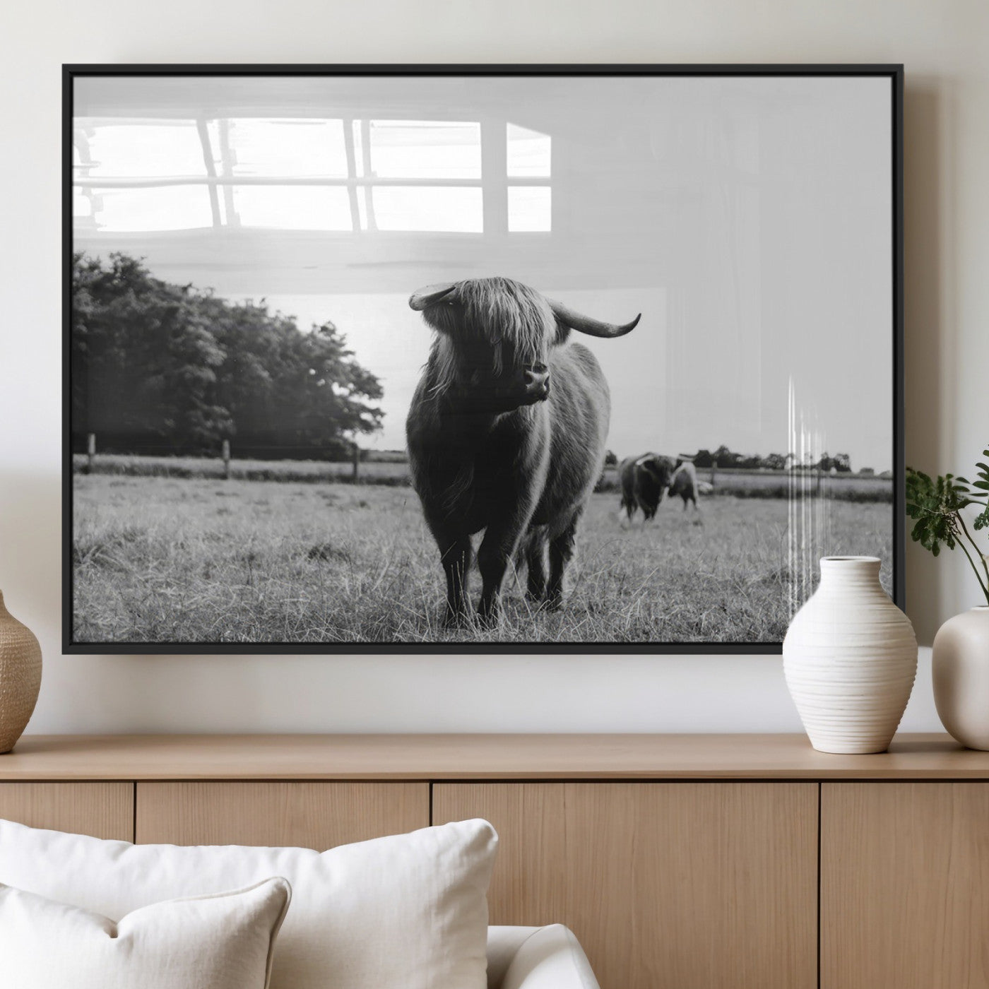 MGV-FP-60X30-3P - Black and White Highland Cow Wall Art Canvas Print | Rustic Western Decor for Living Room or Office,