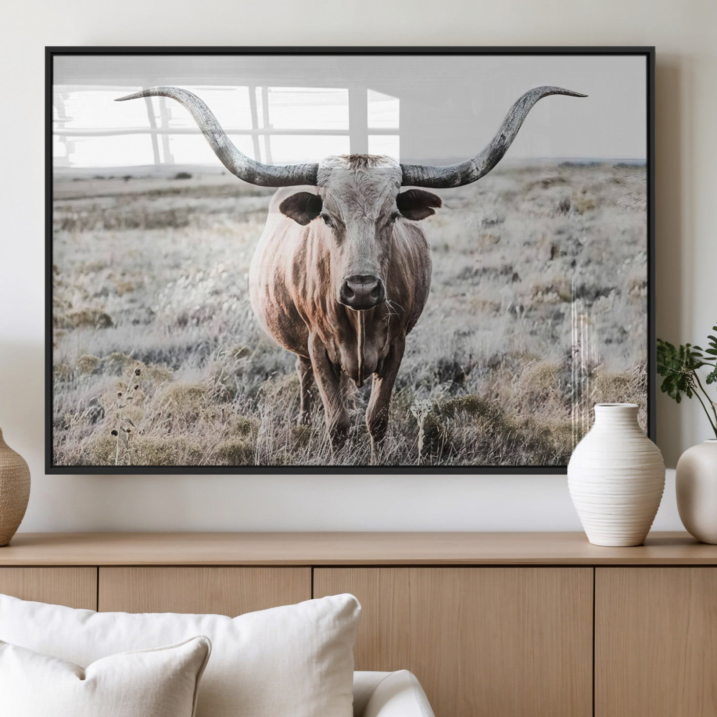 26121-MGV-FP-36X24-3P_Black-Rustic Texas Longhorn Wall Art Canvas Print | Western Farmhouse Decor for Living Room or Office,