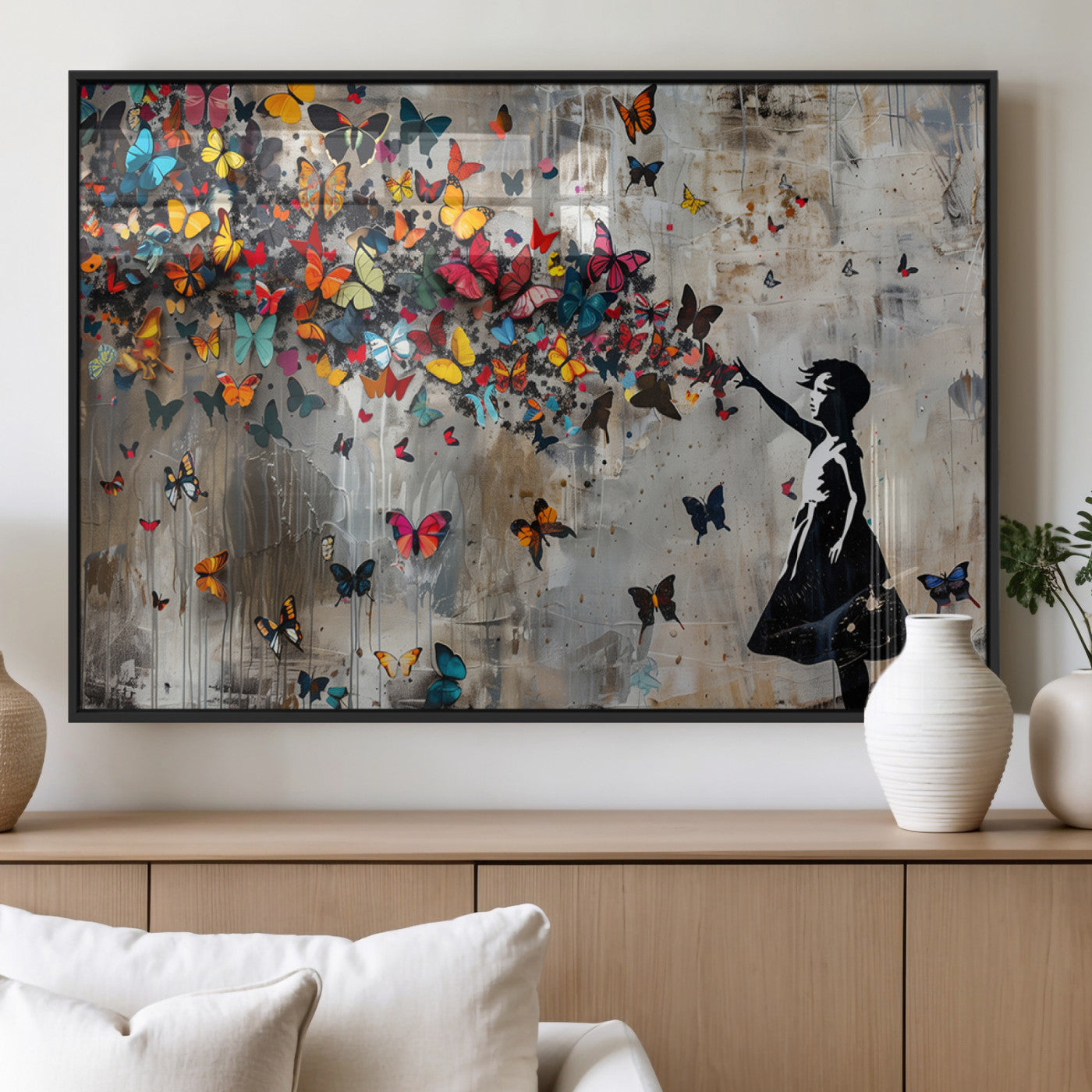 MGV-FP-60X30-3P - Banksy Wall Art - Banksy Girl and Butterfly Explosion Wall Art Canvas Print | Girl with Butterflies