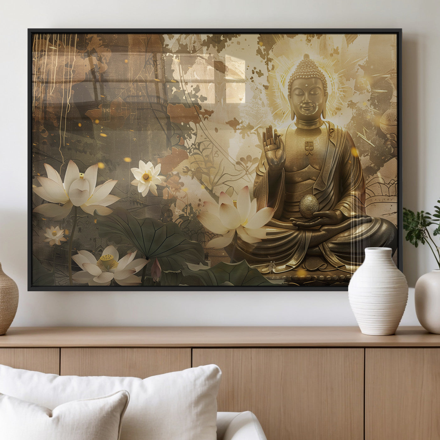 MGV-FP-60X30-3P - Zen Buddha Wall Art Canvas Print | Peaceful Meditation Decor with Lotus Flowers | Spiritual Serenity