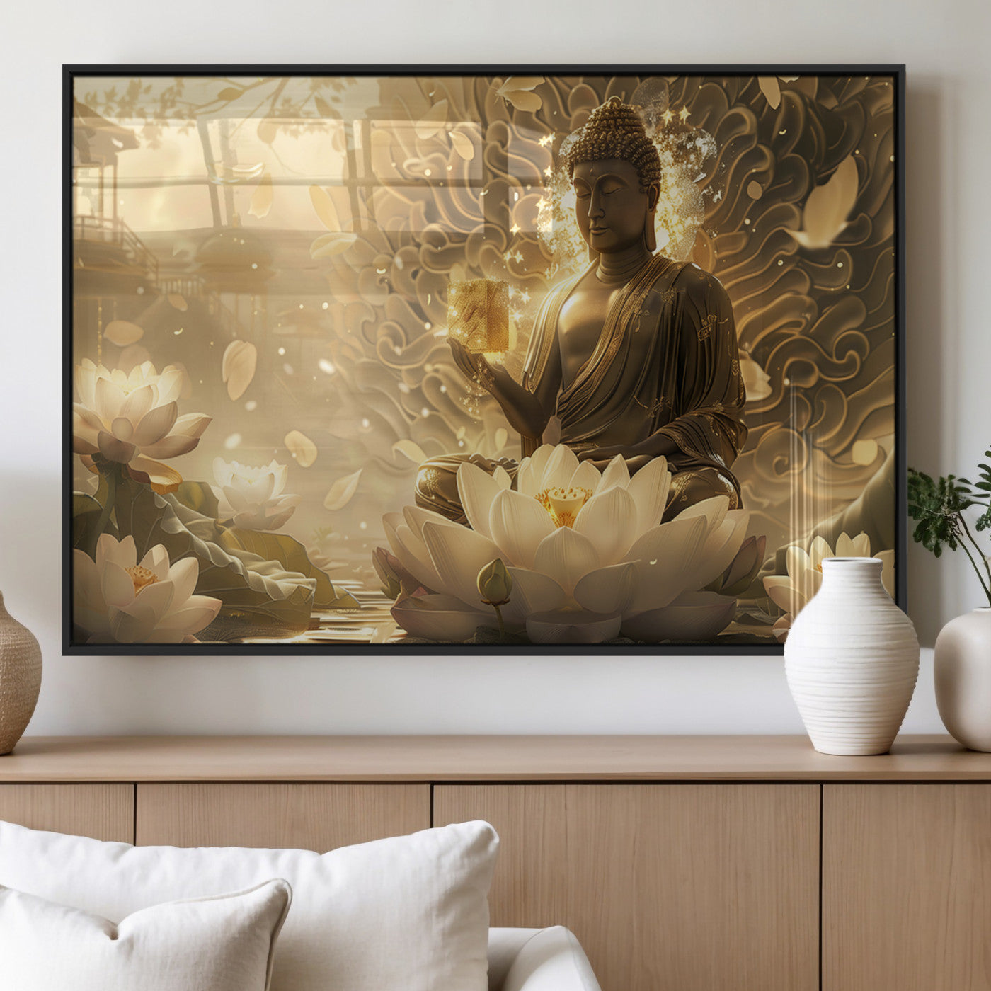 MGV-FP-60X30-3P - Golden Buddha Wall Art | Yoga Room Decor and Meditation Room Wall Art | Framed and Ready to Hang