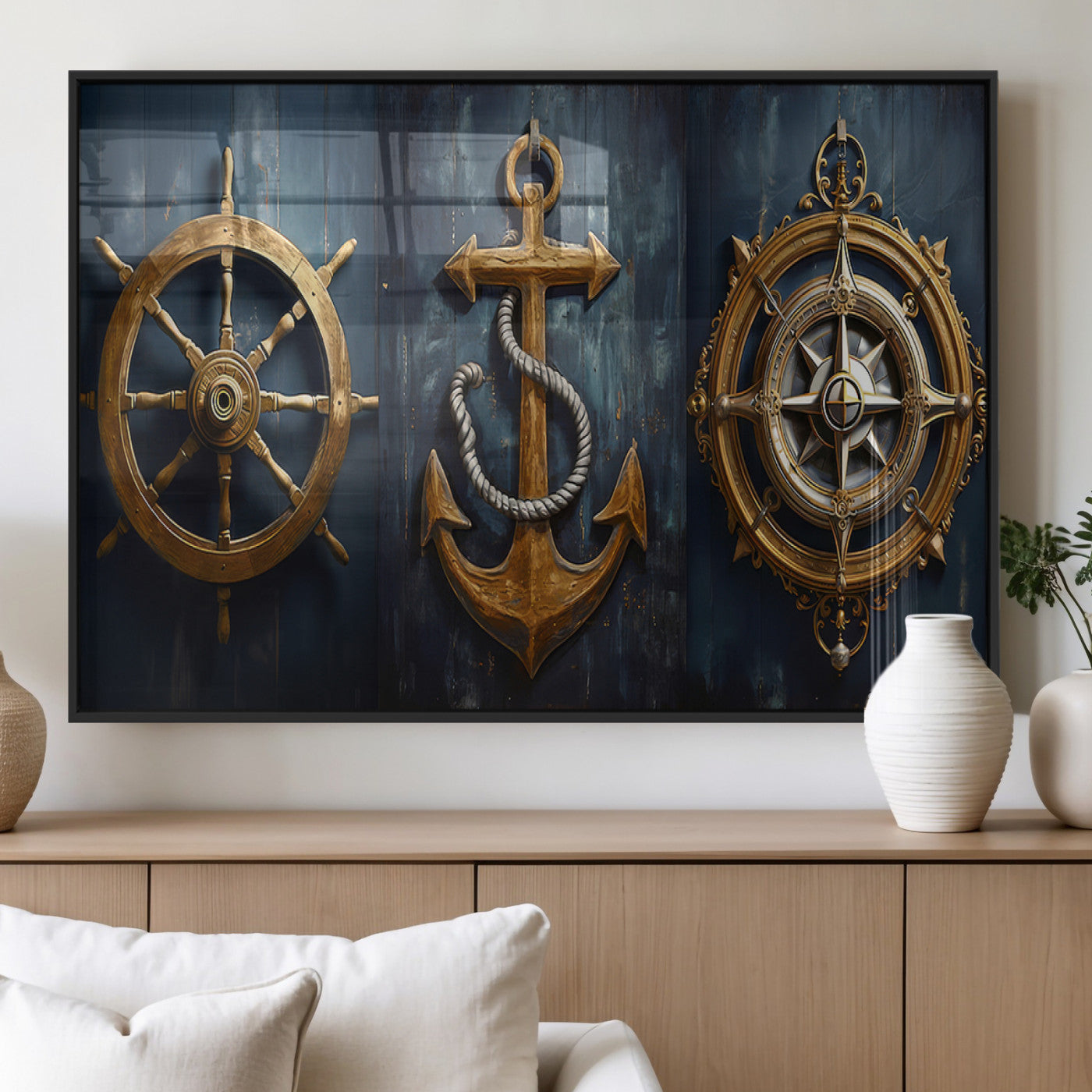 MGV-FP-60X30-3P - Boat Anchor Compass With Rope Wall Art Canvas Print | Beach House Wall Art