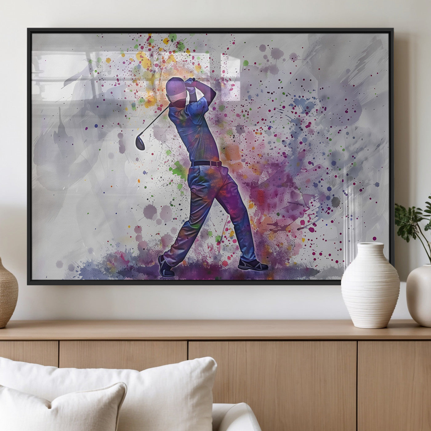 MGV-FP-60X30-3P - Watercolor Golf Swing Wall Art Canvas Print | Vibrant Abstract Golf Player Silhouette |