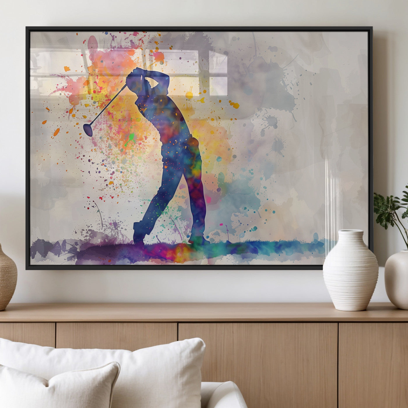 MGV-FP-60X30-3P - Watercolor Golf Swing Wall Art Canvas Print | Vibrant Abstract Golf Player Silhouette |