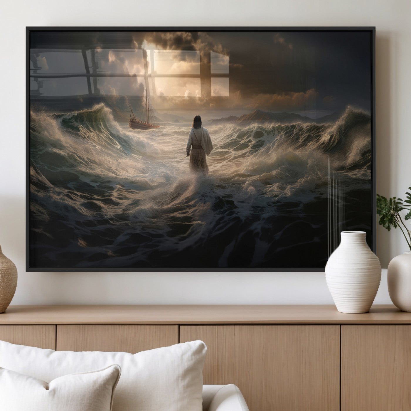 MGV-FP-60X30-3P - Jesus Walking on Water Wall Art Canvas Print - Religious Spiritual Decor - Jesus Wall Art Canvas
