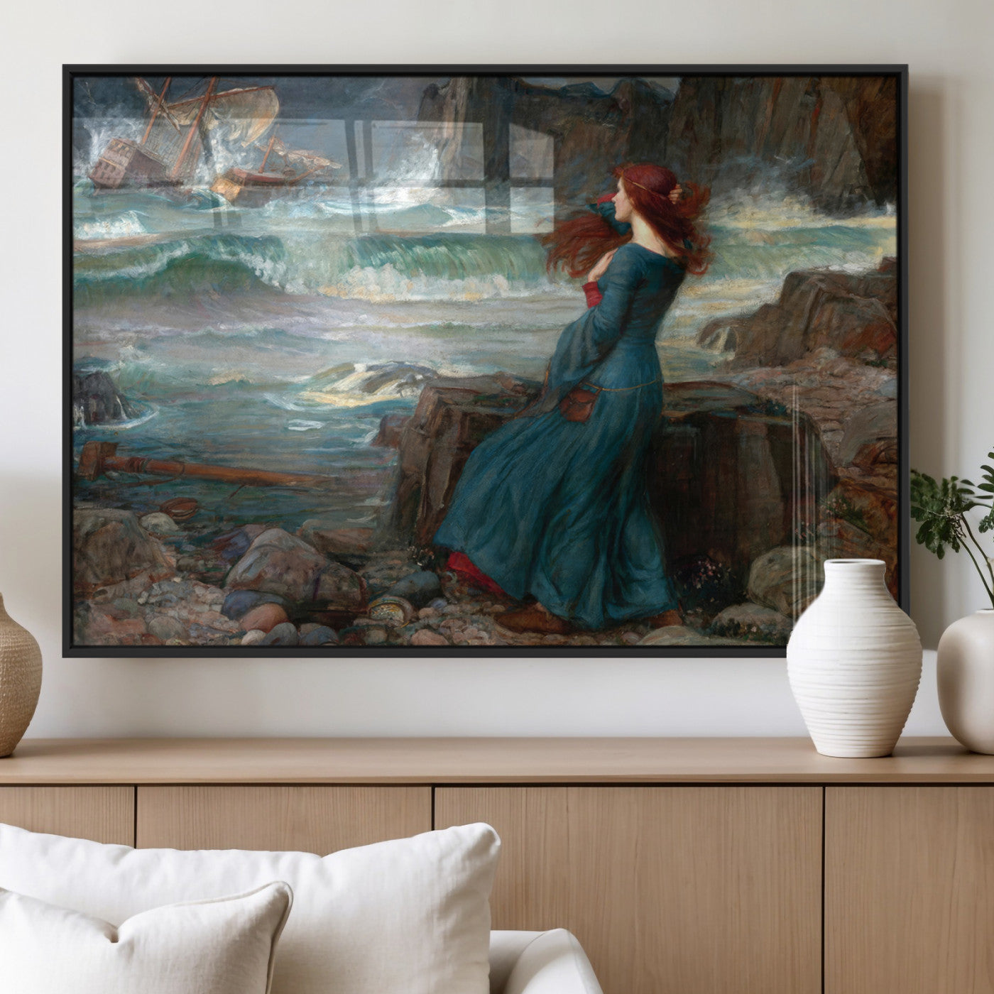 1-MGV-FP-36X24-3P_Black-Miranda by the Shore Wall Art Canvas Print – Tempest Scene Ocean Storm – Ready to Hang