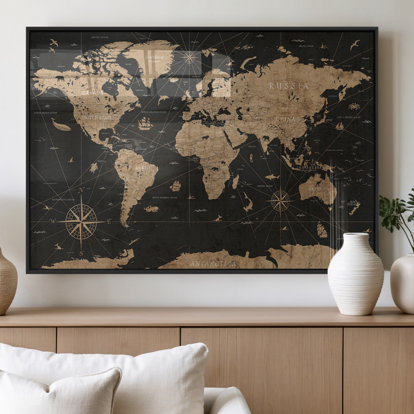 61023-MGV-FP-60X30-3P_Black-World Map Canvas Print – Framed Wall Art for Home Decor